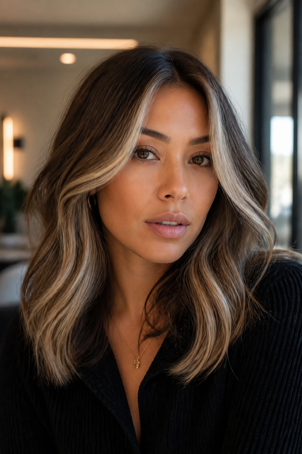 Face-framing beige-blonde money piece on olive-toned skin.