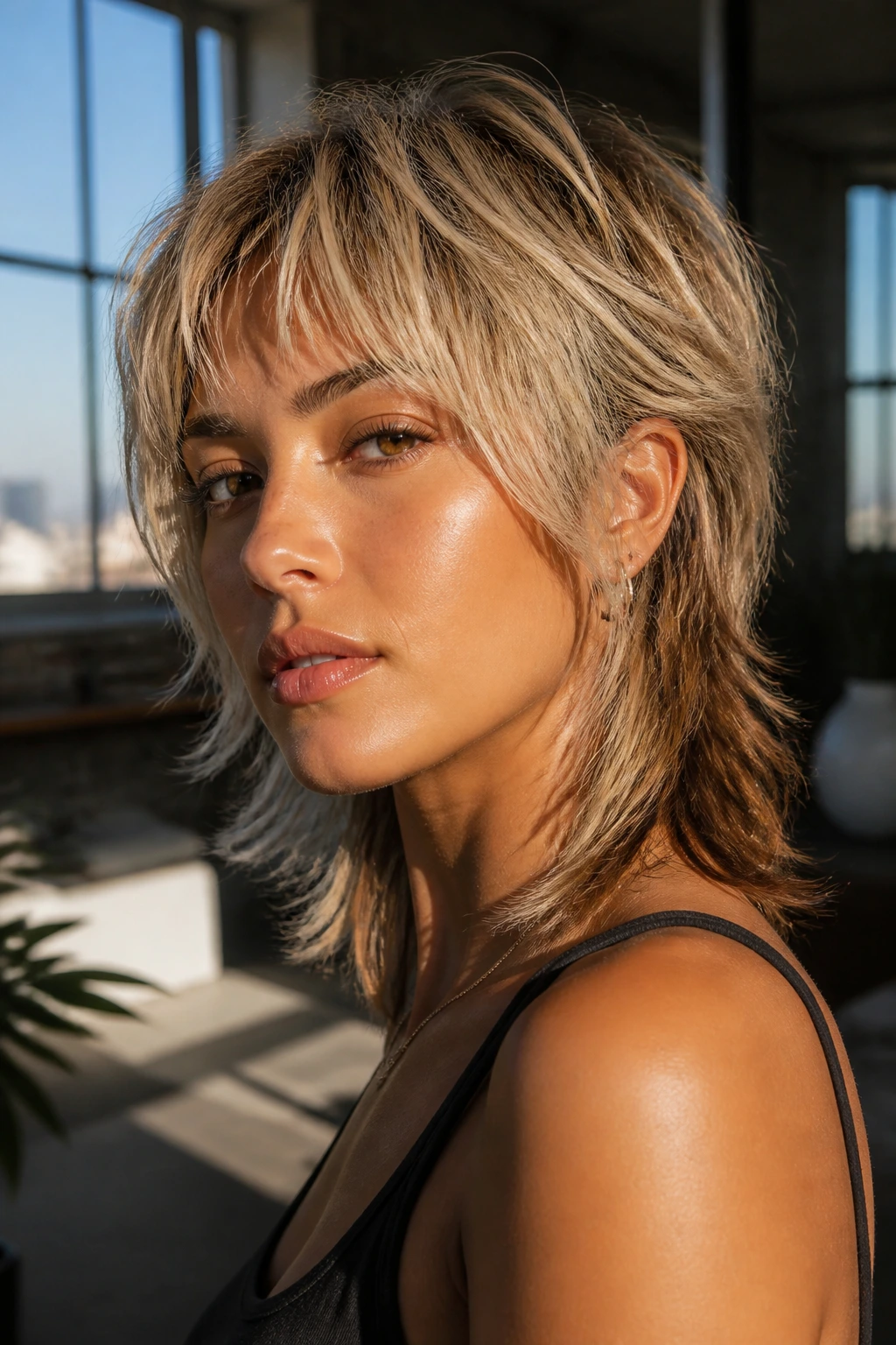 Close-up portrait of a real person with Modern Mullet with Beige Blonde Texture on olive skin