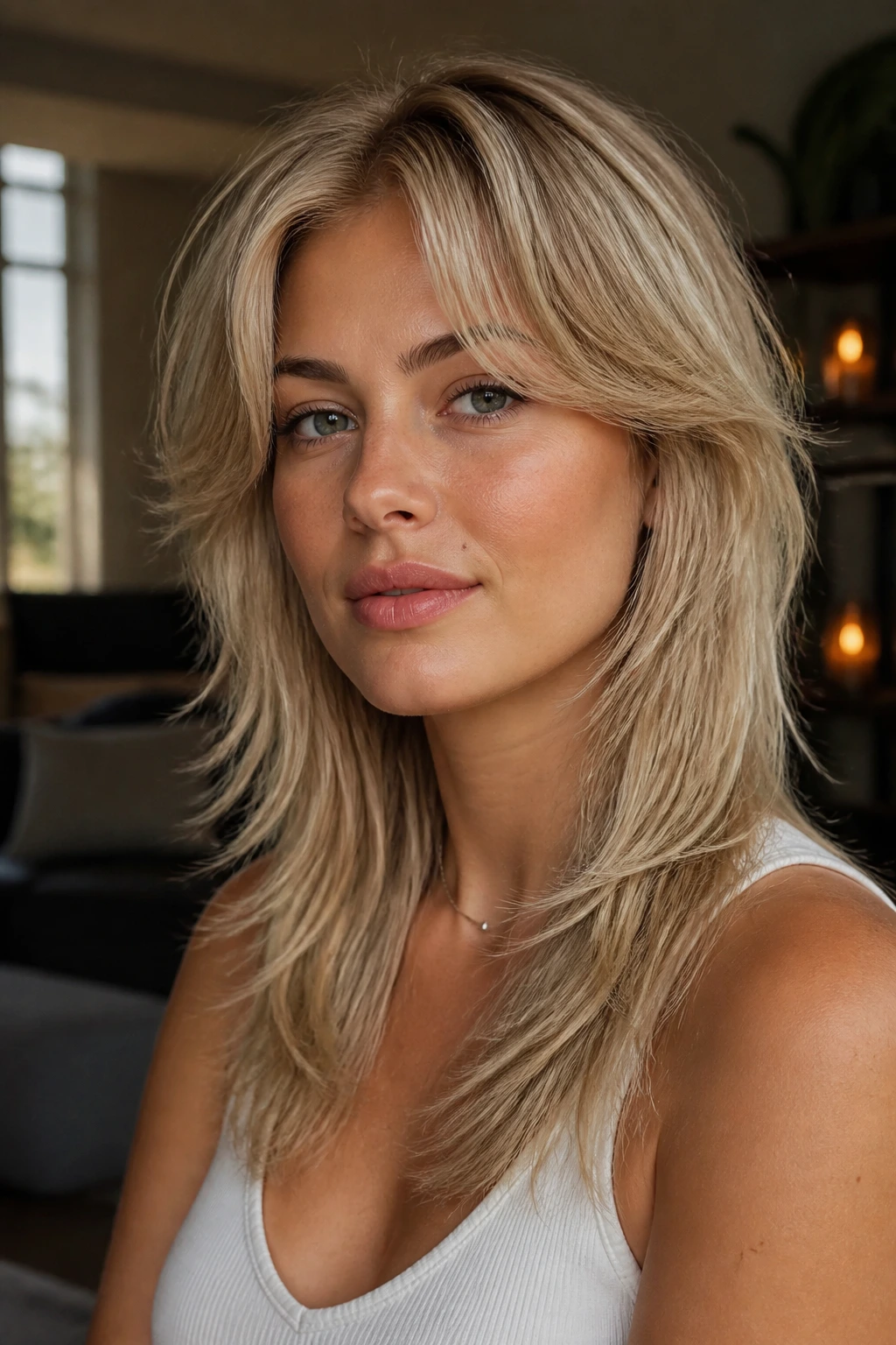 Close-up portrait of a real woman with beige blonde soft mullet and swooped bangs in warm natural light.