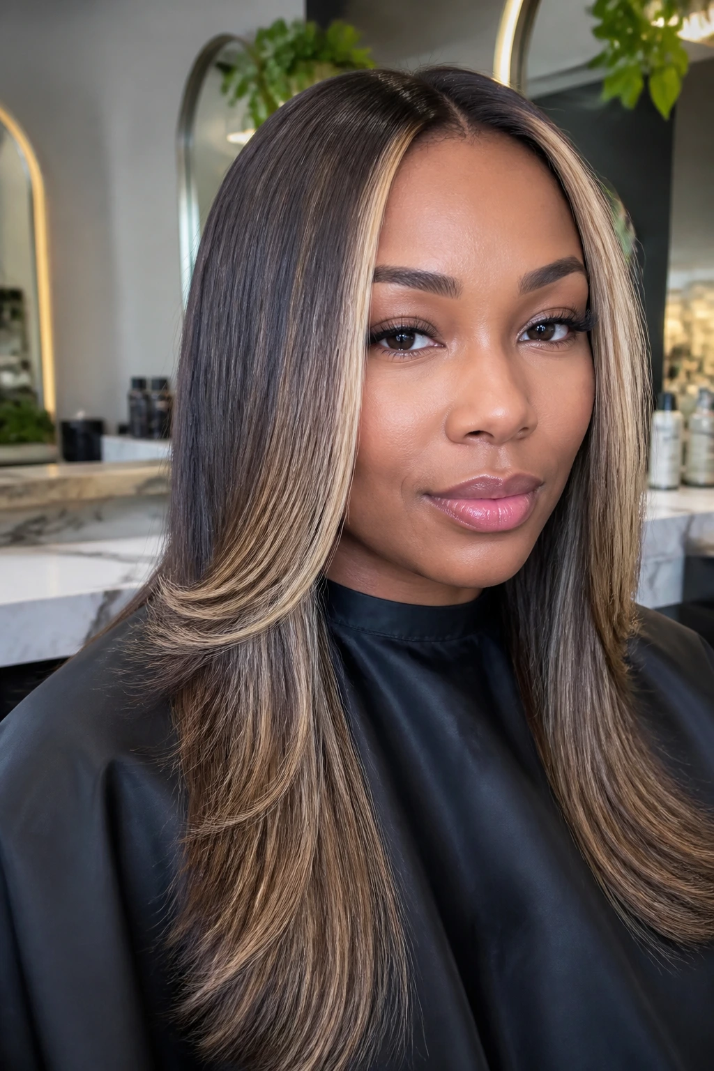 Close-up of silk-pressed straight hair with beige blonde panels around the face