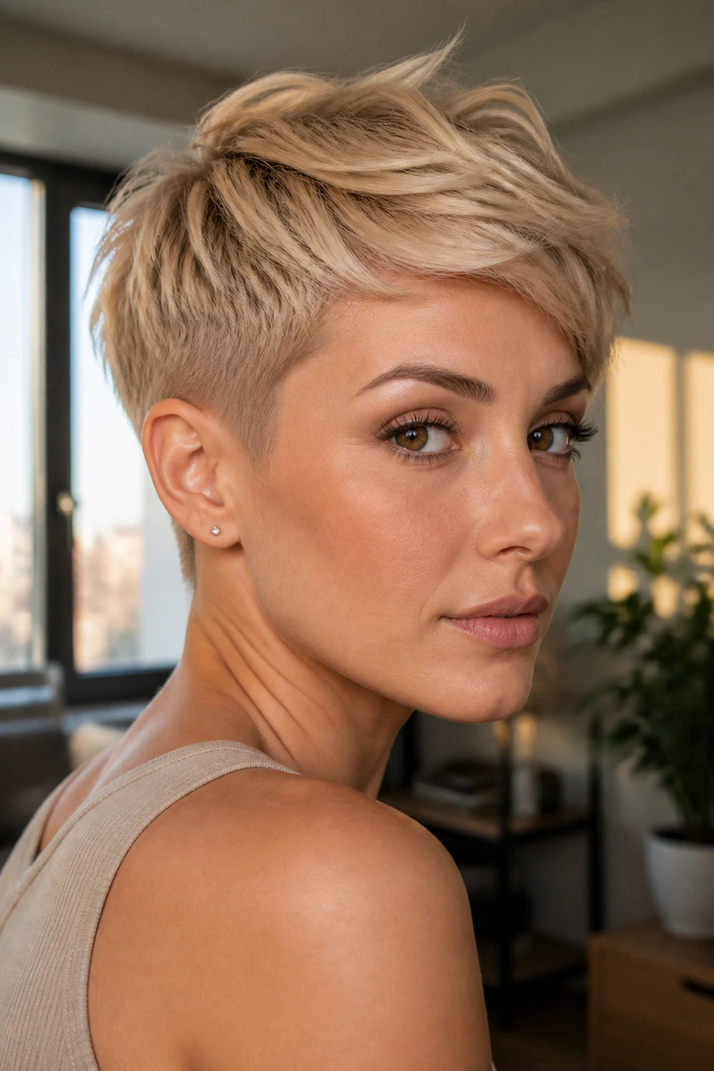 Portrait of person with beige blonde pixie cut and tapered sides