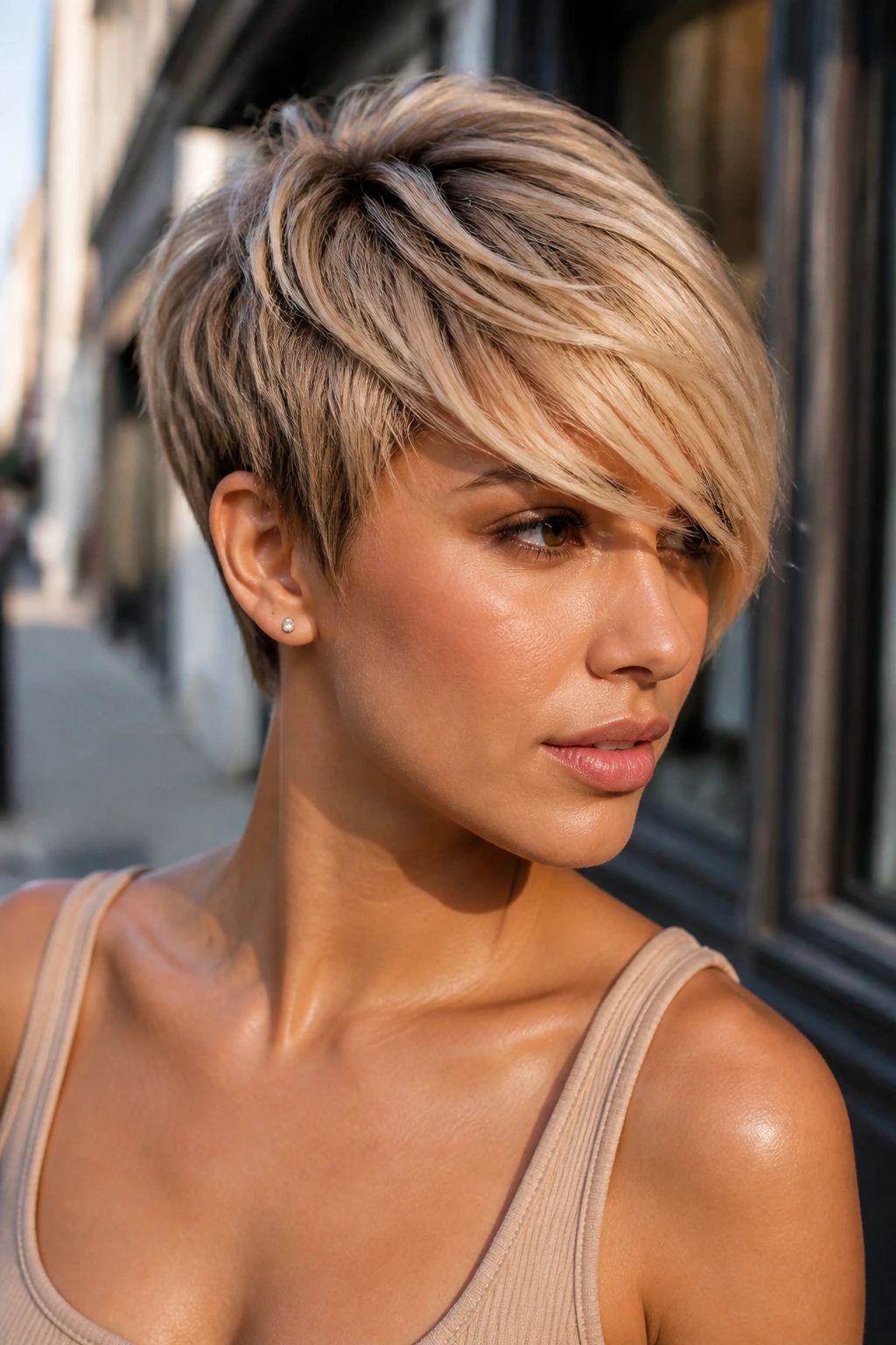 Close-up portrait of a woman with beige blonde pixie and long fringe