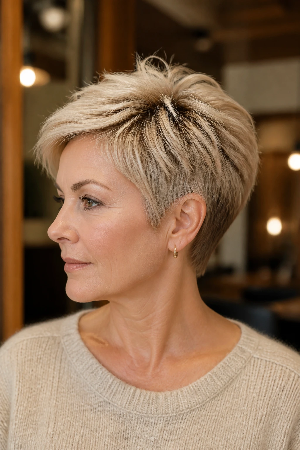 Portrait of a woman with beige blonde tapered pixie and feathered crown.