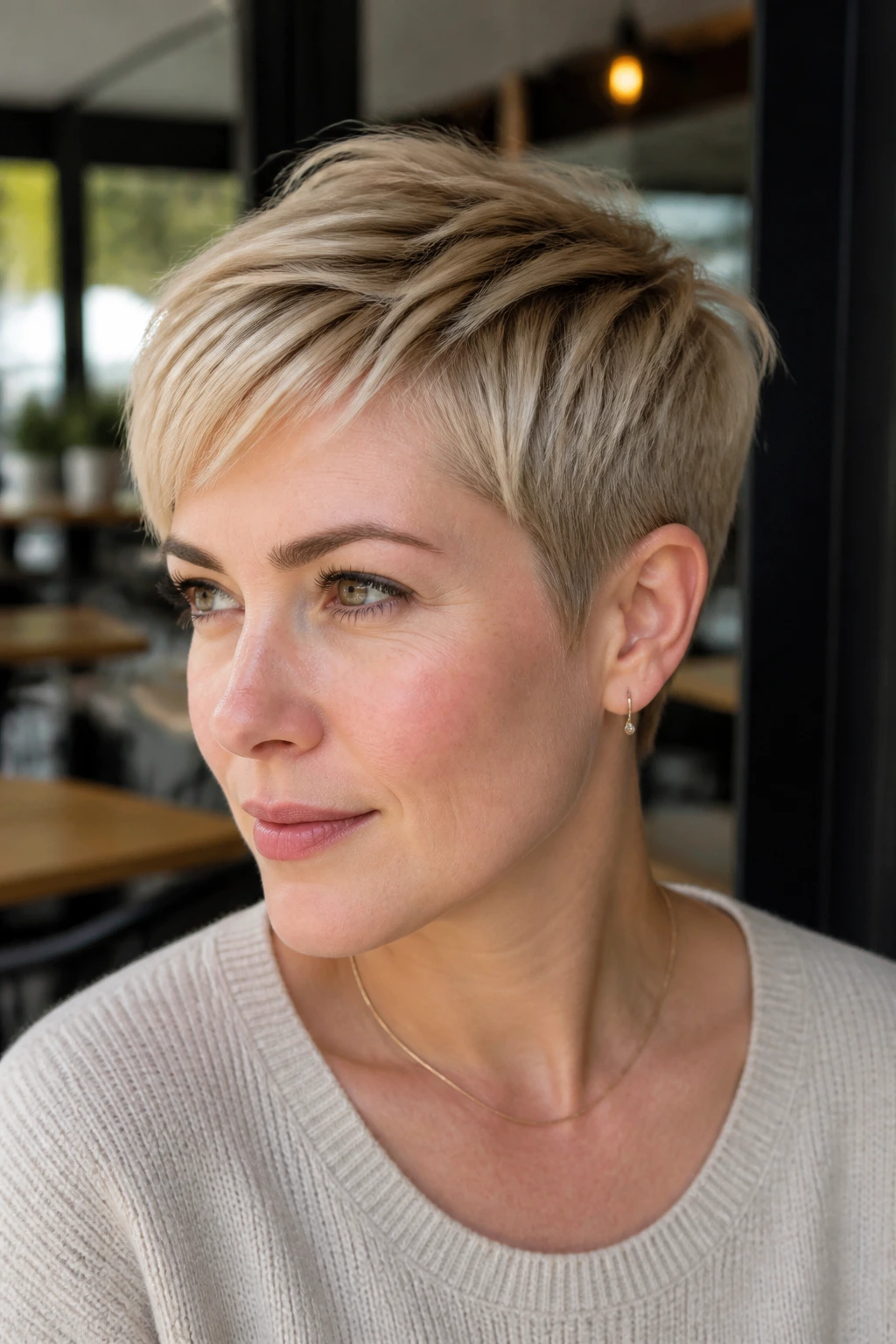 Close-up of a real woman with beige blonde pixie and tapered sides in natural light