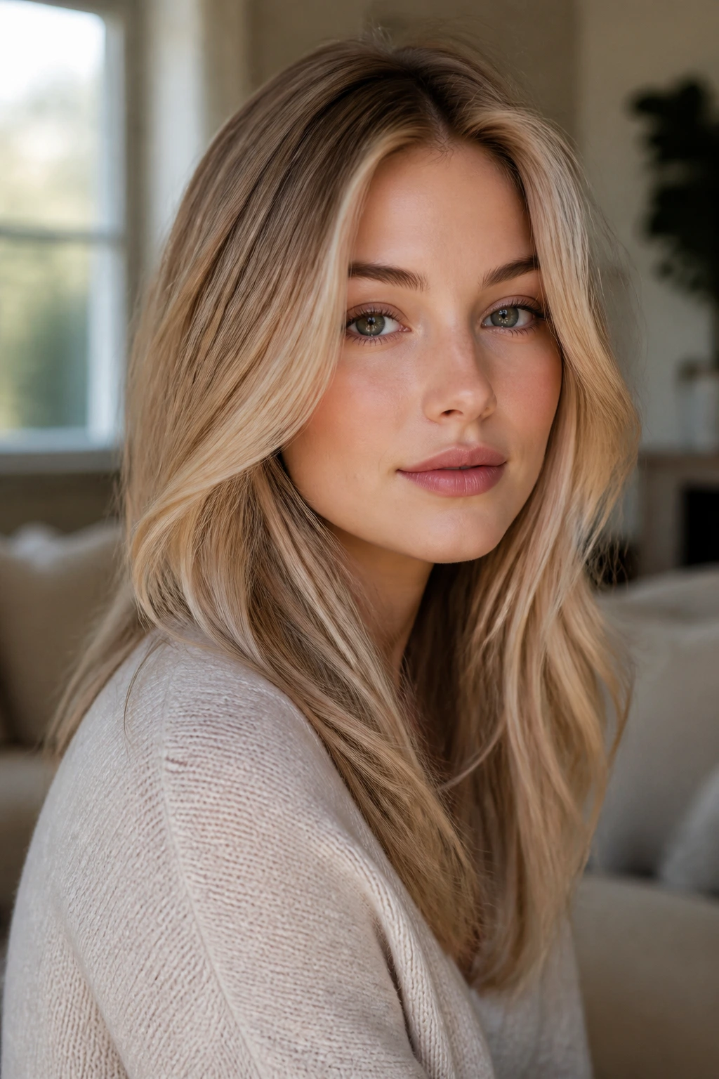 Close-up portrait of a woman with beige blonde hair and fair neutral skin in natural window light