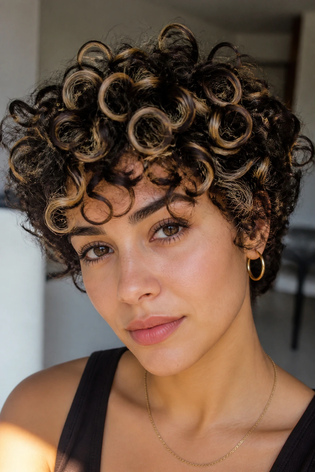 Beige blonde ribbons woven through dark brown curls on a real person