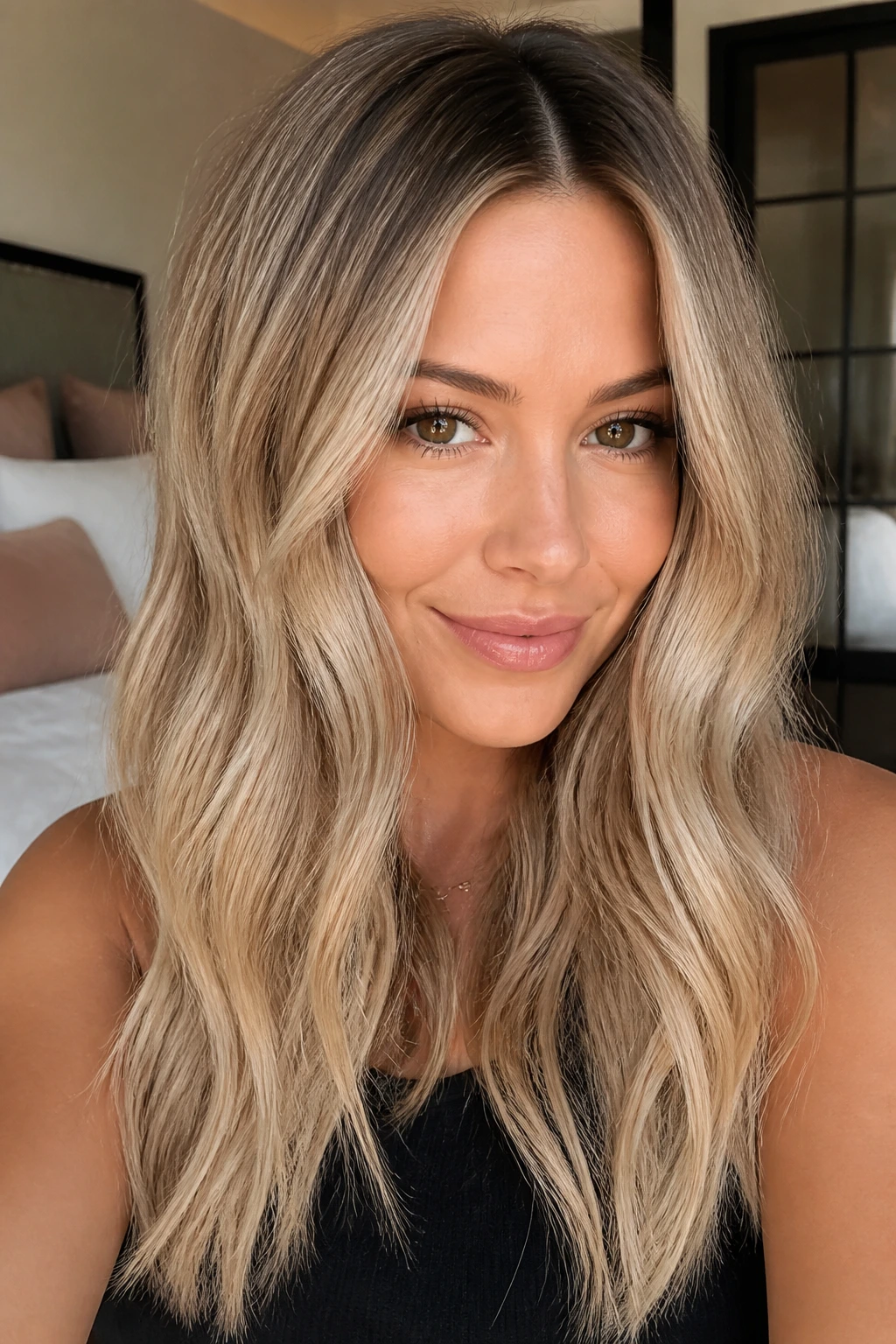Close-up of a real woman with beige blonde hair and a seamless root melt