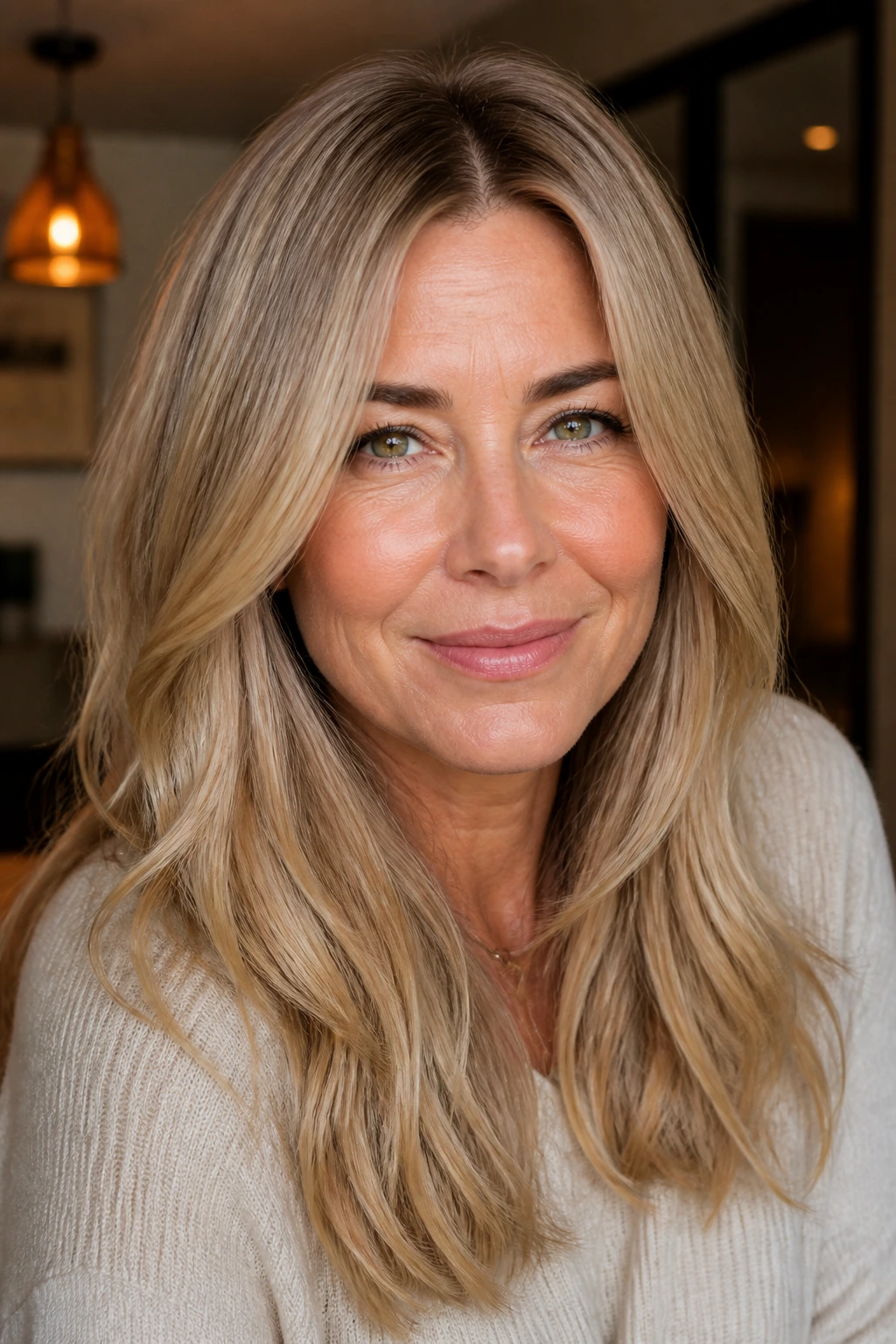 Portrait of a woman with beige blonde hair and a subtle root shadow.