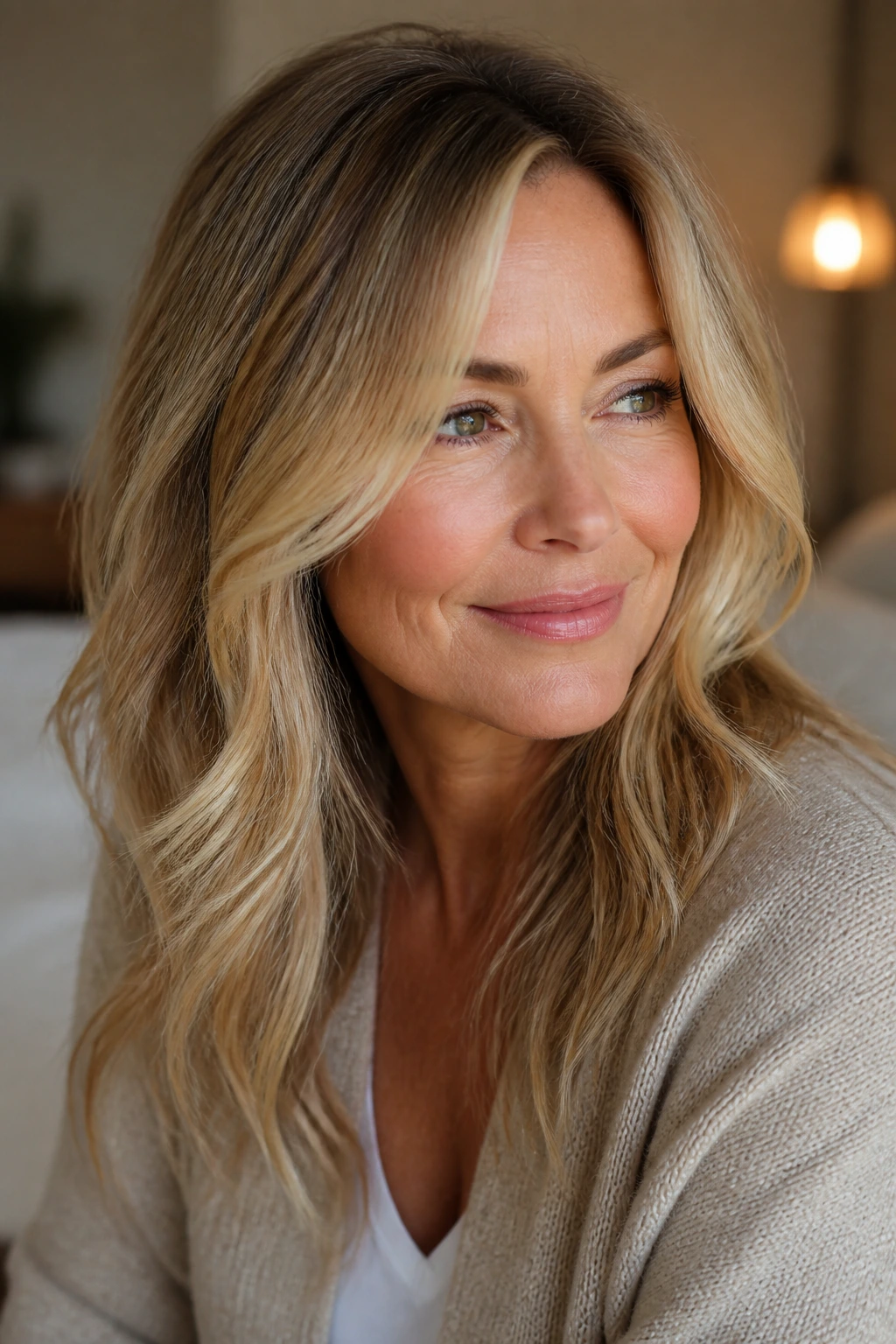 Close-up portrait of a woman with beige-blonde hair and root shadow, soft lighting.