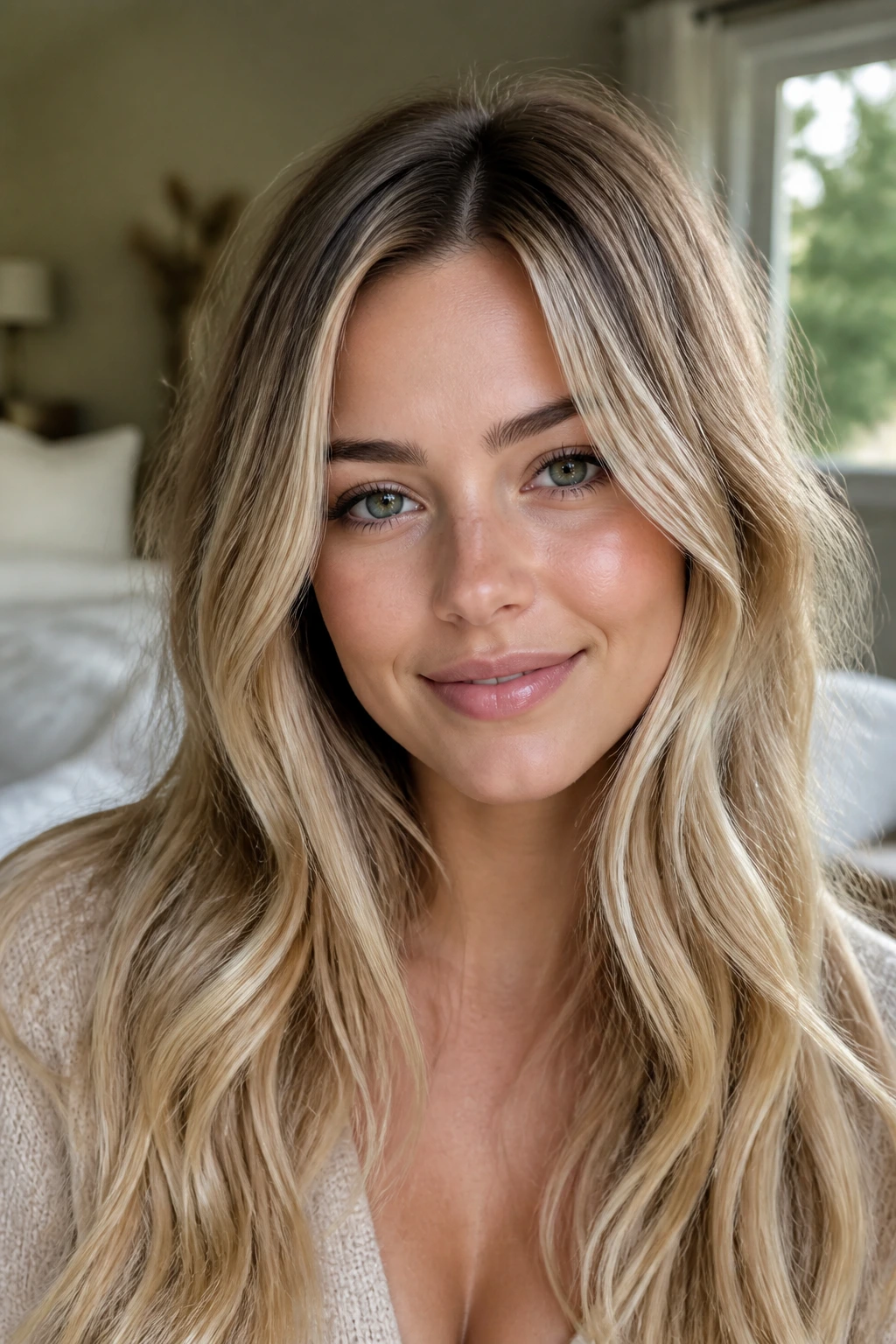 Beige blonde with soft root smudge on a real person