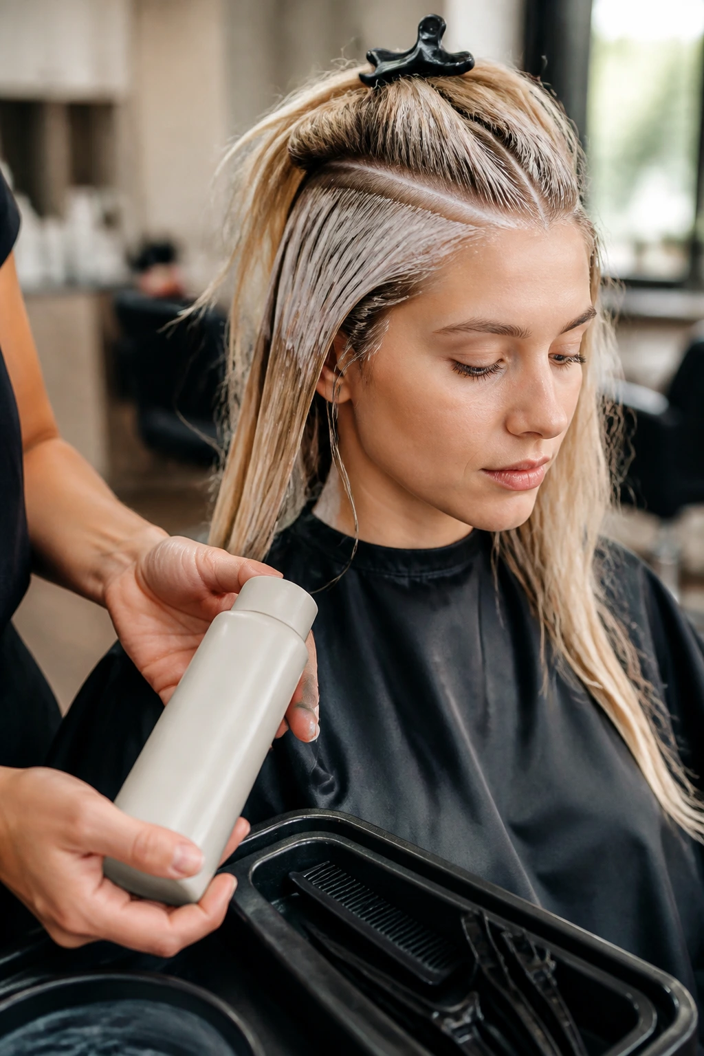 Close-up of a real person in a salon chair during gloss application with simple tools in view