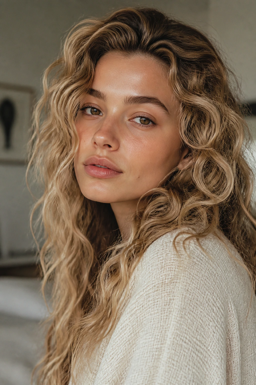 Portrait of a real woman with beige blonde shade blending with skin
