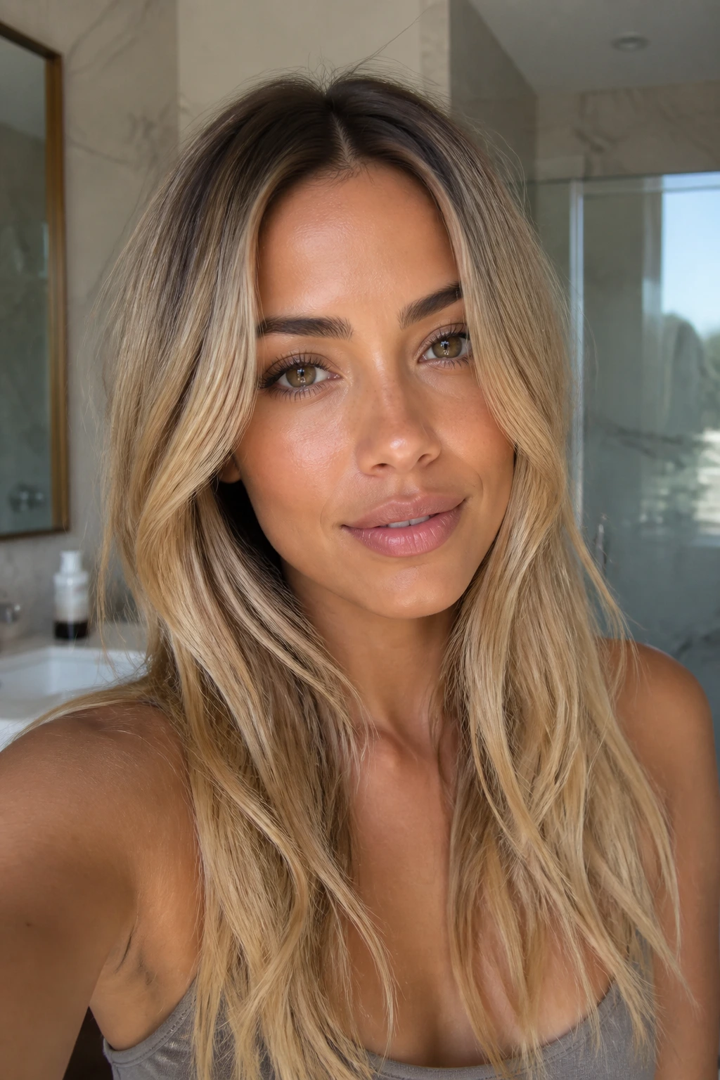 Portrait of a woman with beige blonde hair and soft shadow root