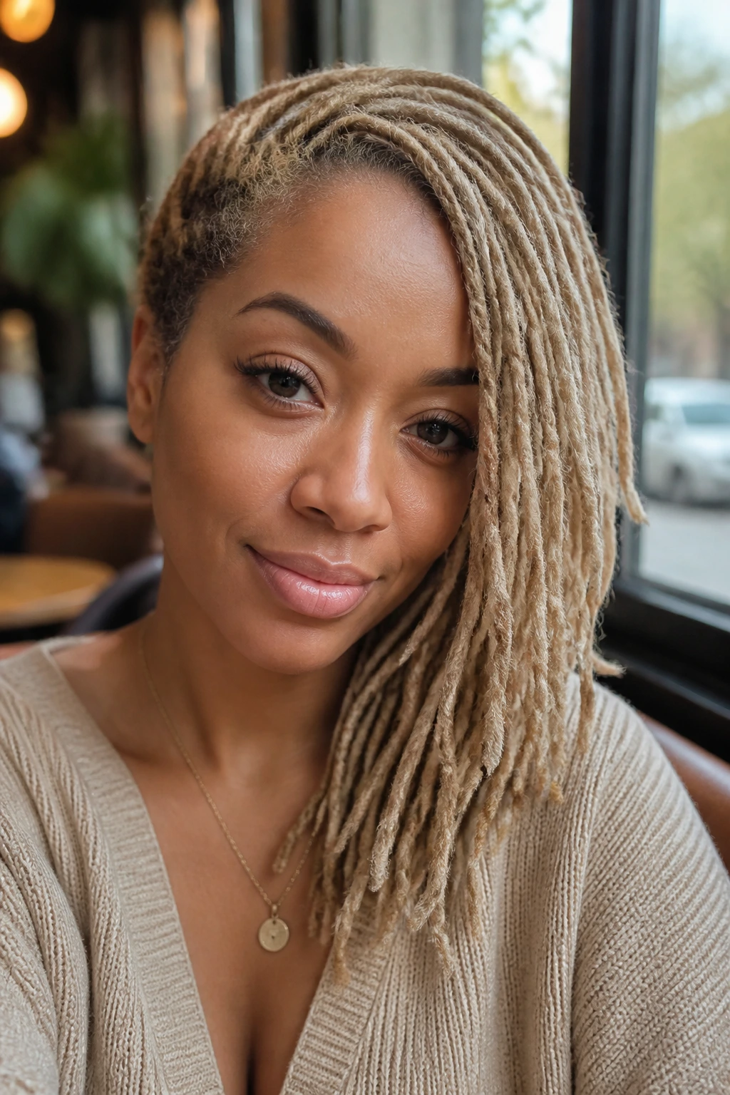 Close-up of a real woman with beige-blonde side swept locs