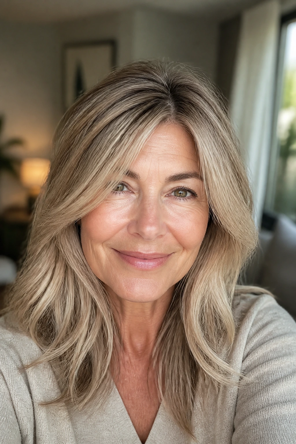 Portrait of a woman with beige blonde hair and soft root