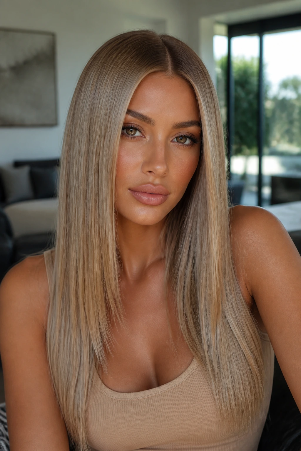 Close-up of glossed beige straight hair with center part on real woman with tan skin.