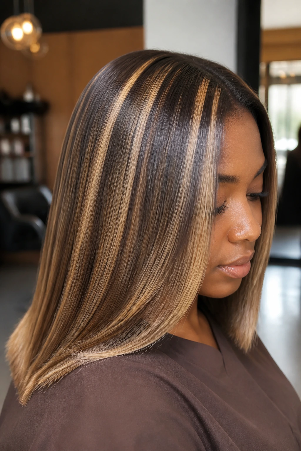 Close-up of a real woman with beige-blonde streaks in silk-pressed hair.