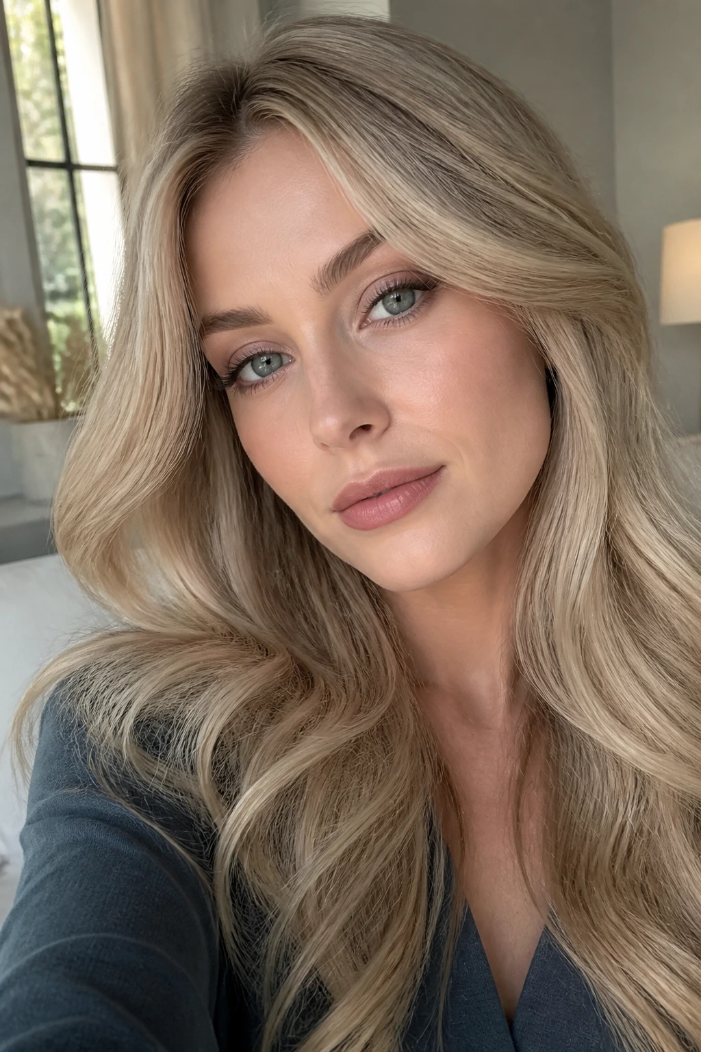 Real person with beige blonde hair in soft waves wearing cool-toned makeup