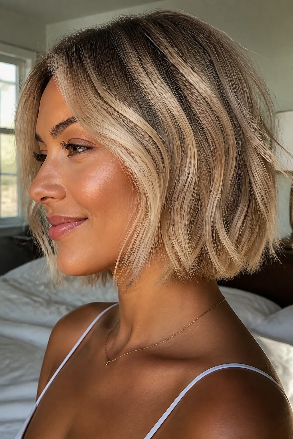 Close-up of a real woman with a beige blonde textured bob framing the face in natural daylight.