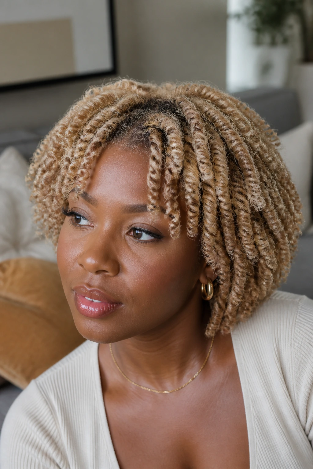 Portrait of a person with beige blonde twist-out and defined twists
