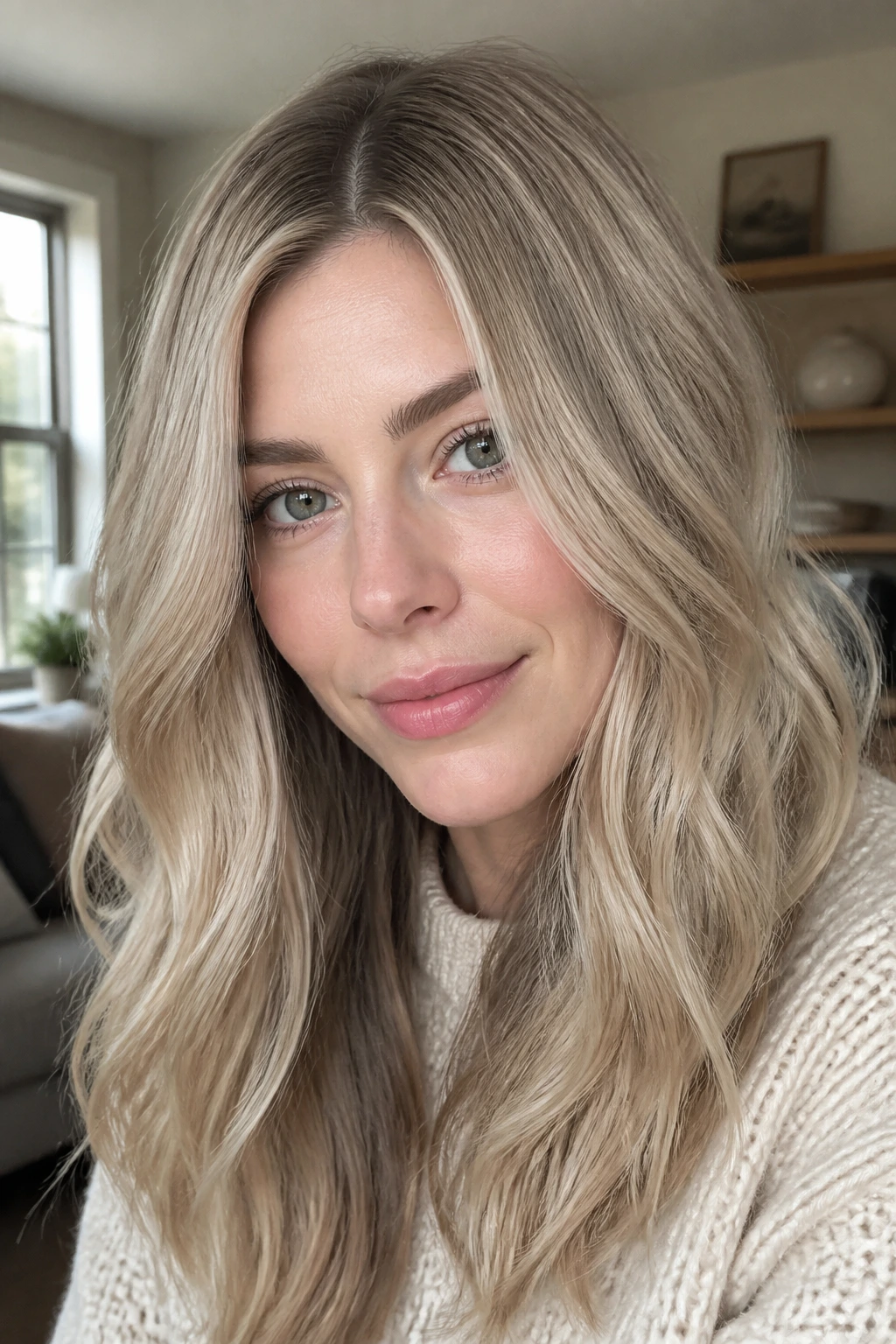 Portrait showing beige blonde hair reading as cool undertones on a real person