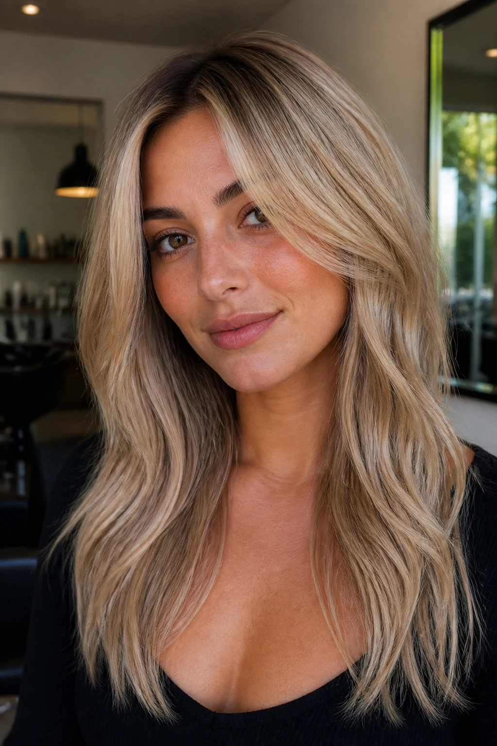 Portrait of beige blonde hair against warm undertones in salon lighting