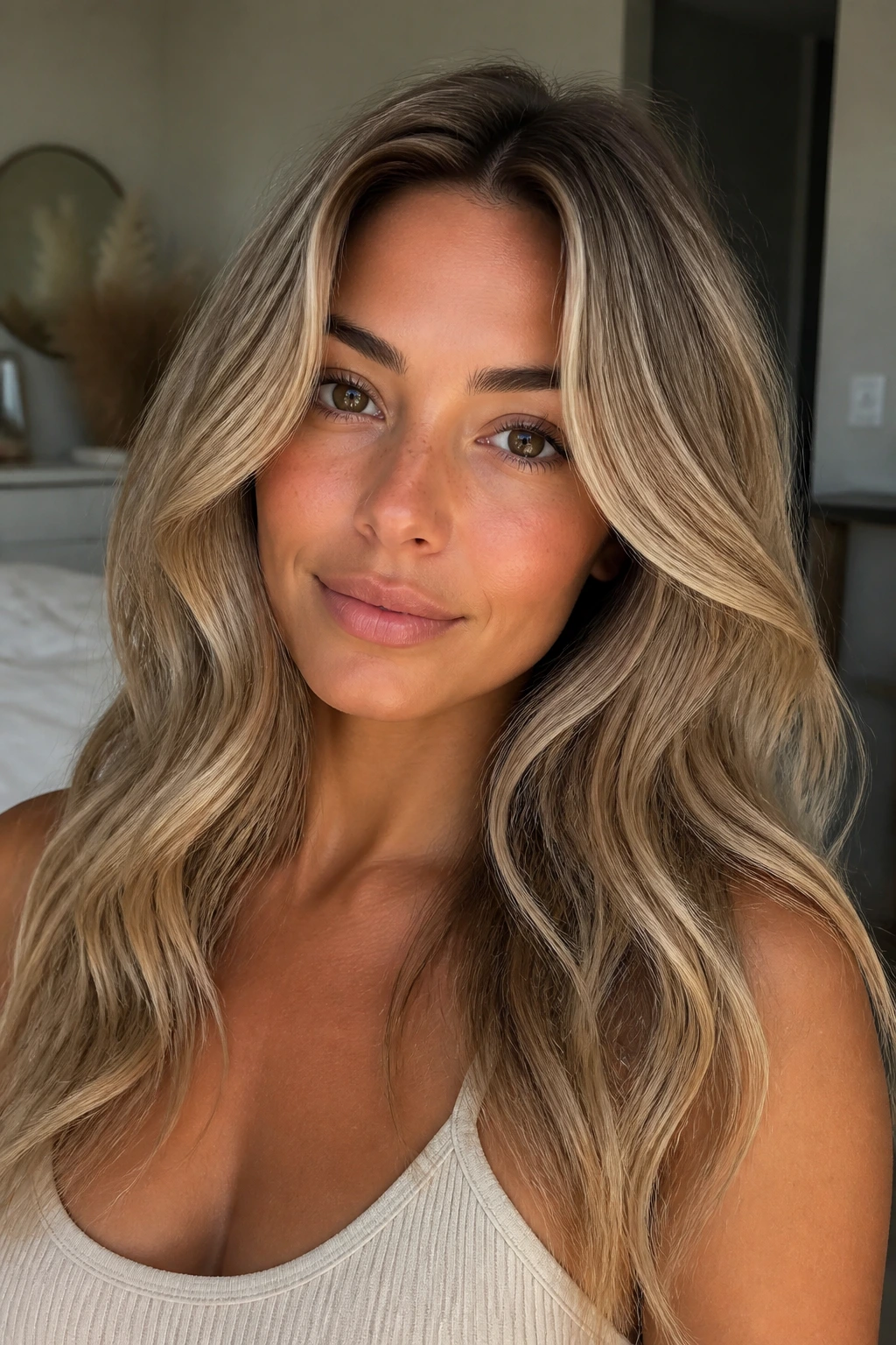 Portrait of a person with multi-dimensional beige-blonde hair showing shade variation.