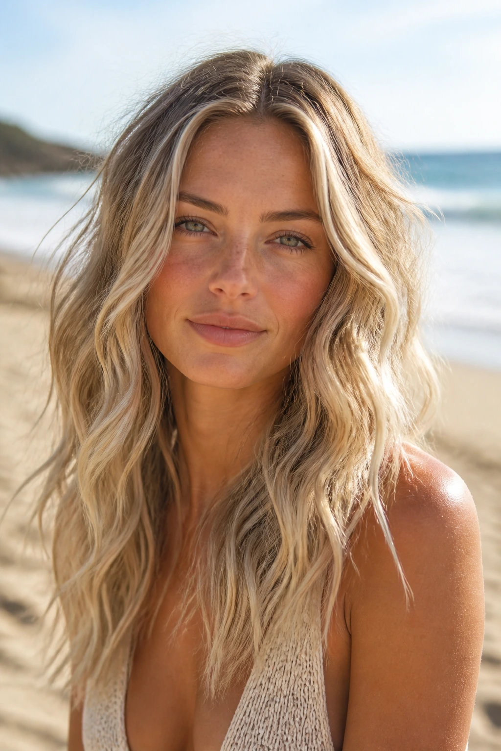 Portrait of a woman with beige-blonde beach waves by the seaside