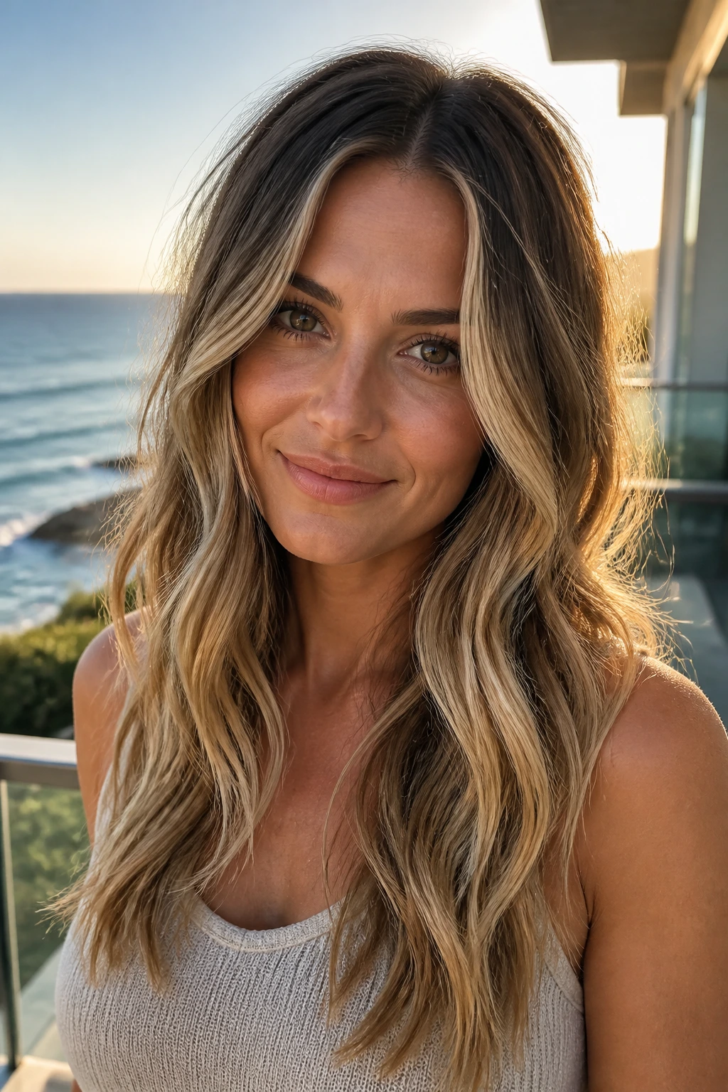 Close-up of a real woman with undone beach waves and beige blonde ribbons in hair, warm coastal setting.