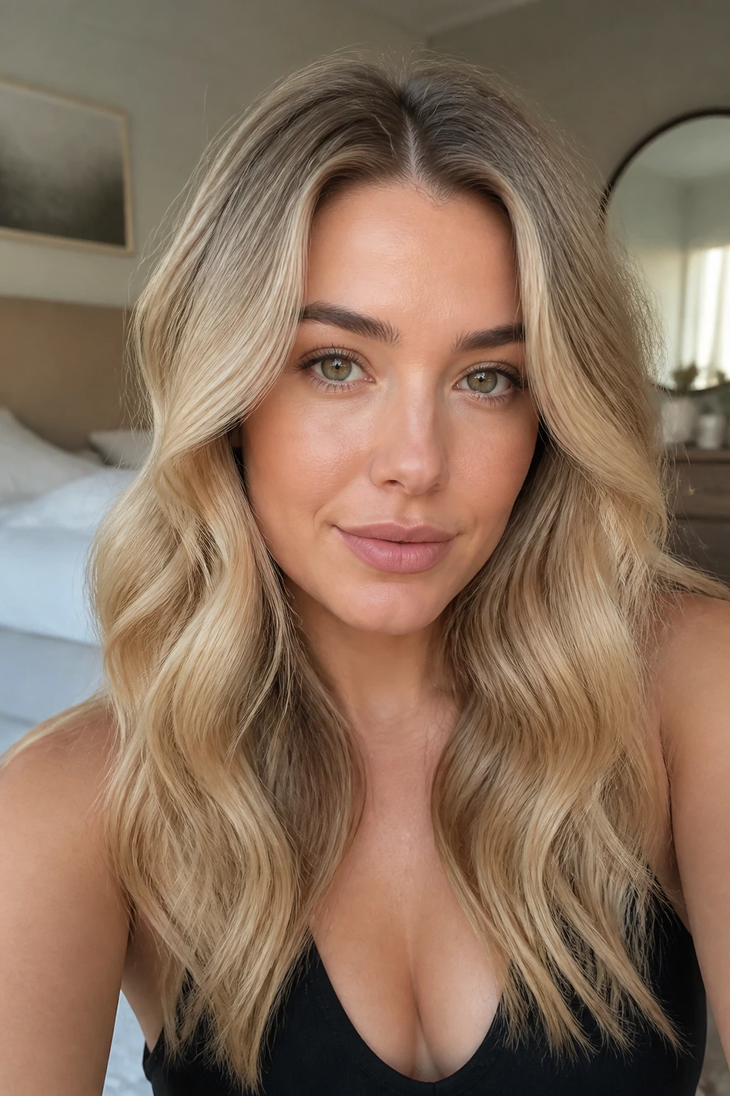 Close-up of a real woman with beige blonde waves and root lift