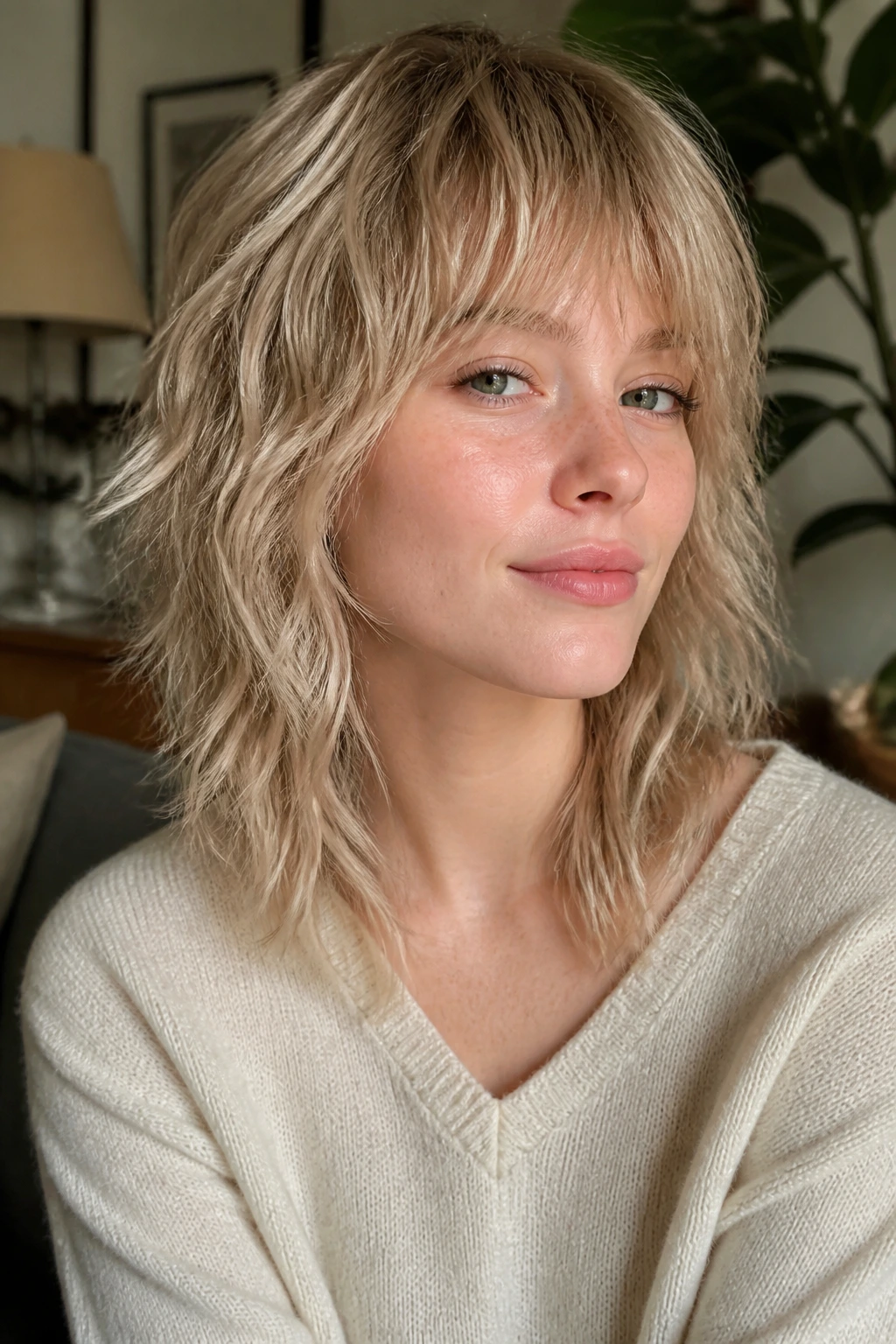 Close-up portrait of a real woman with beige blonde wolf cut in warm window light