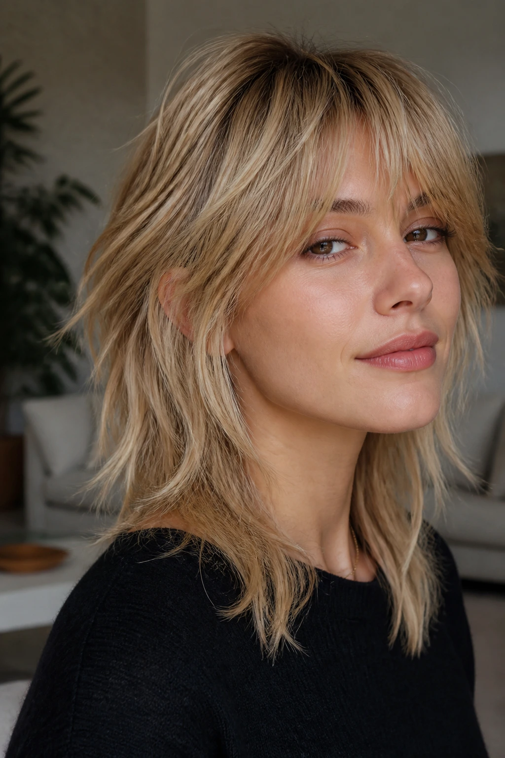 Close-up of a real woman with beige-blonde wolf cut with soft texture in a modern living room