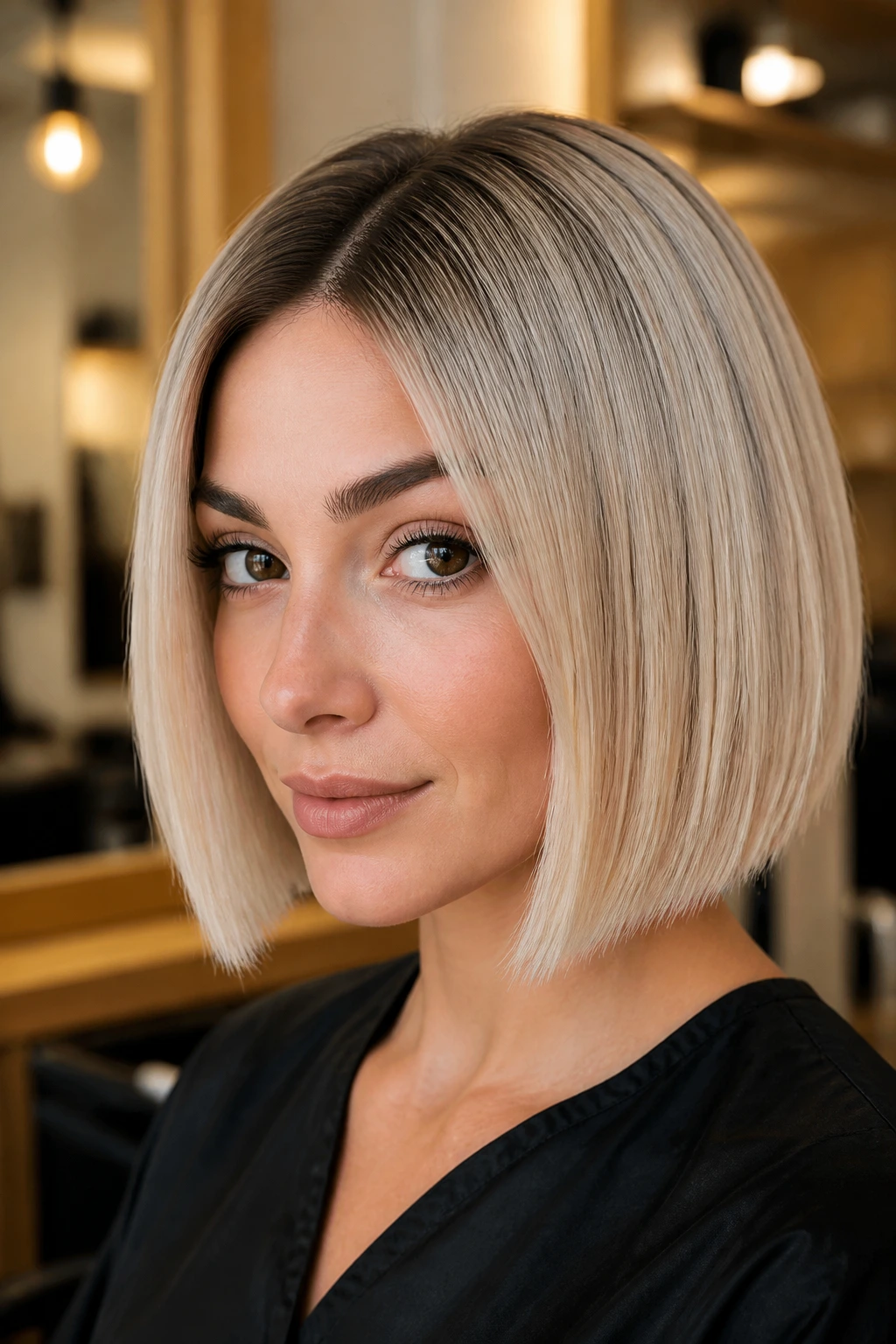 Real woman wearing beige blunt bob with dark shadow root