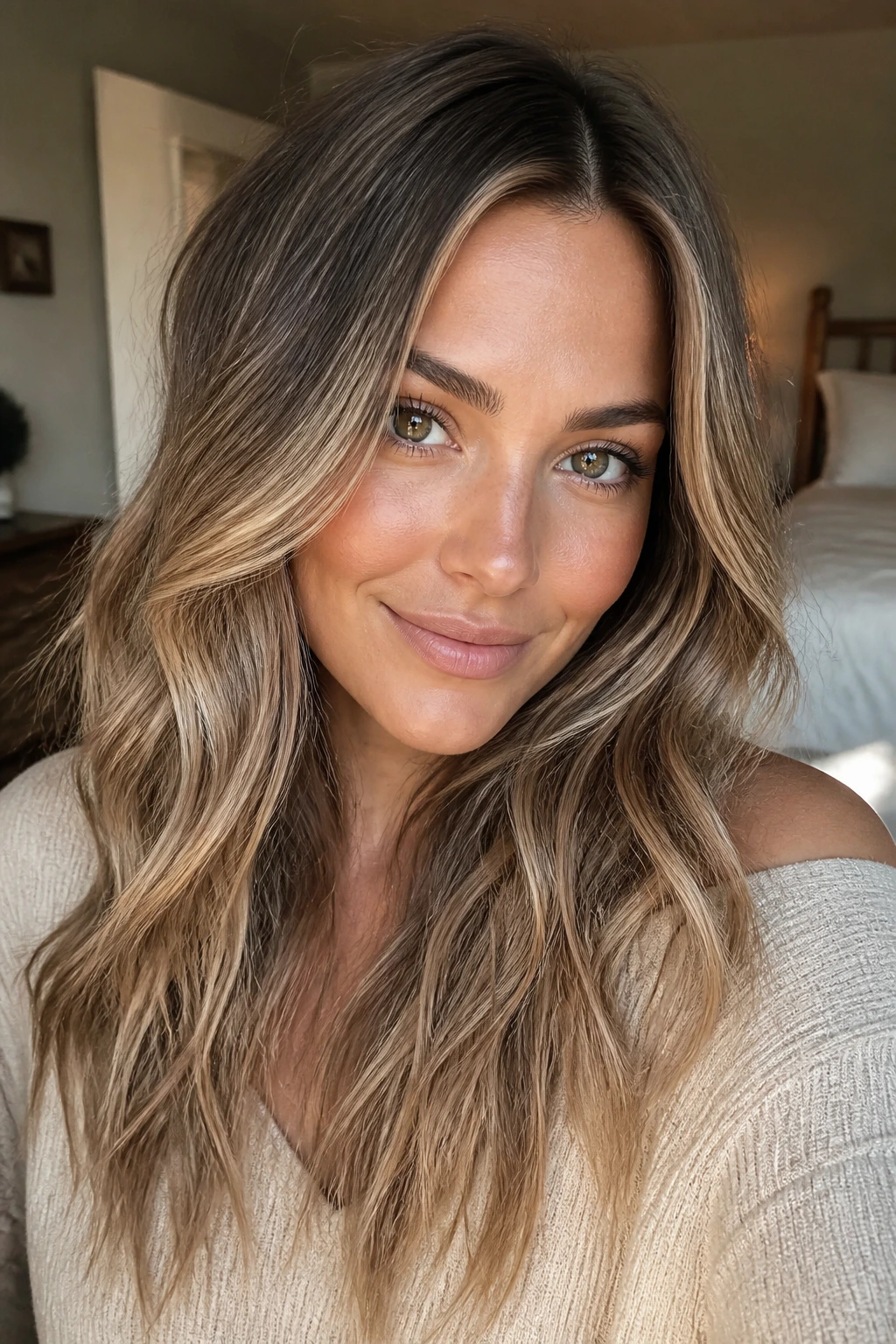 Close-up portrait of a real woman with beige bronde babylights and soft root shadow