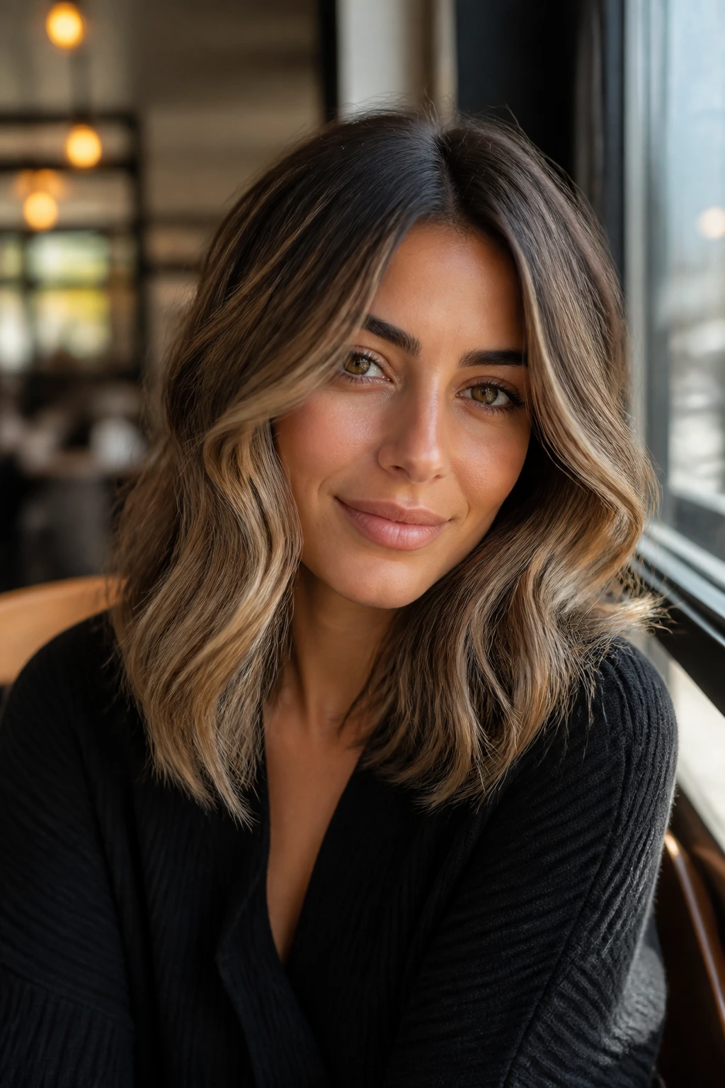 Real woman with beige bronde balayage in a cozy setting with natural light