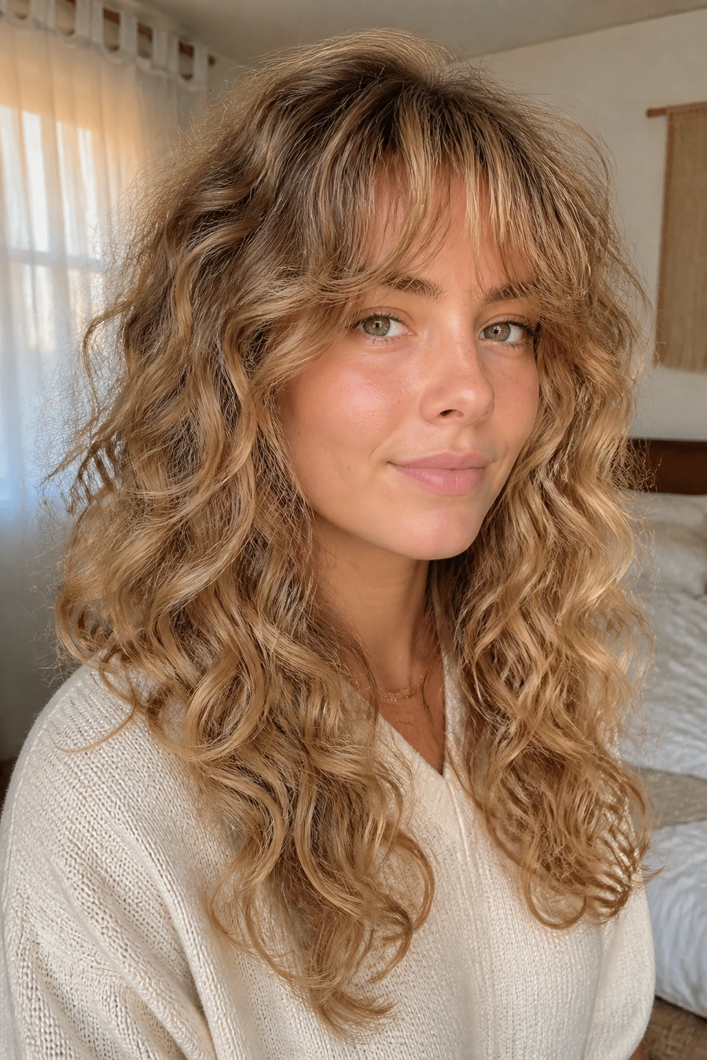 Close-up of beige bronde curls with airy fringe on a real woman