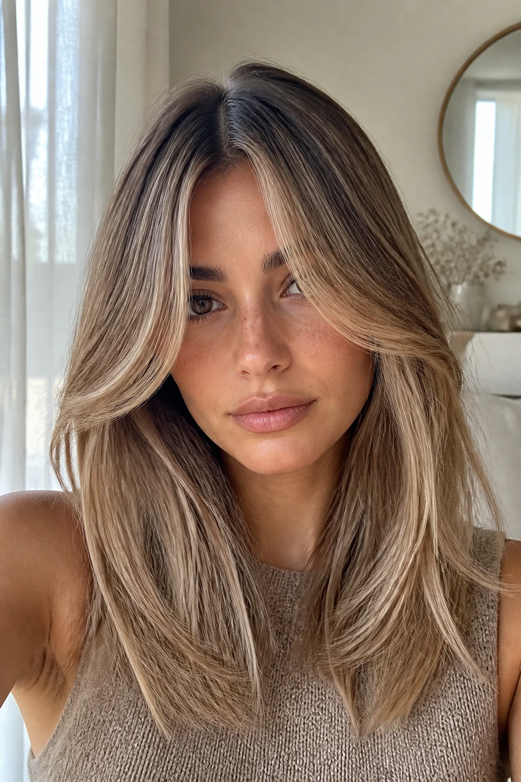 Close-up portrait of woman with beige bronde and curtain bangs.