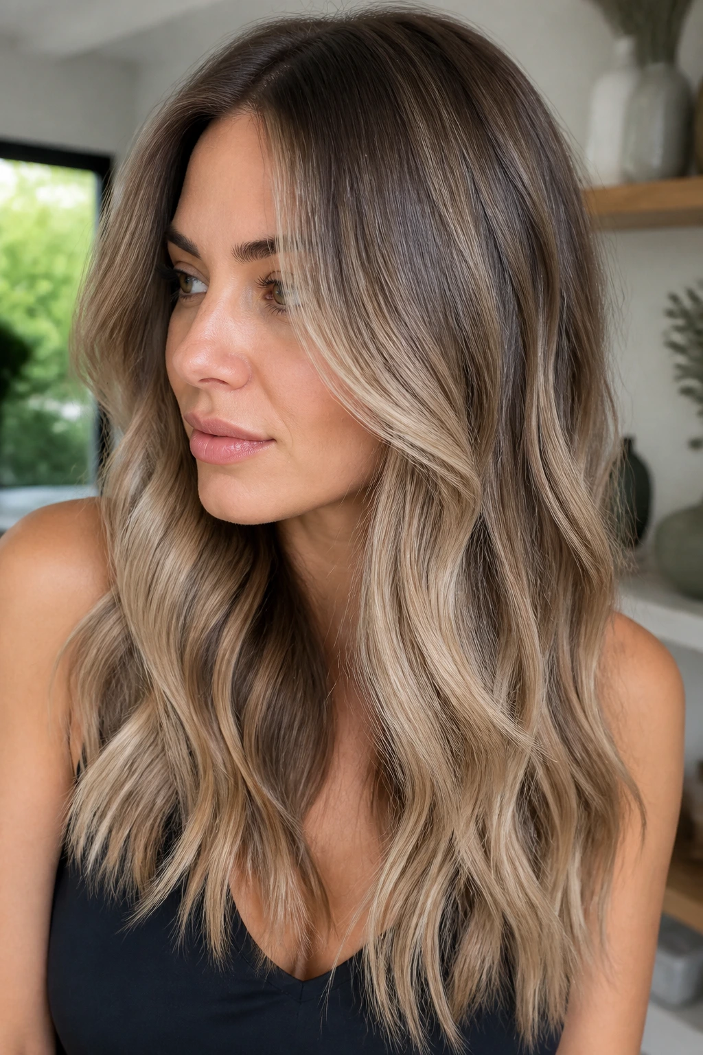 Beige bronde melt with deep roots, beige mids, brighter ends and smoky lowlights