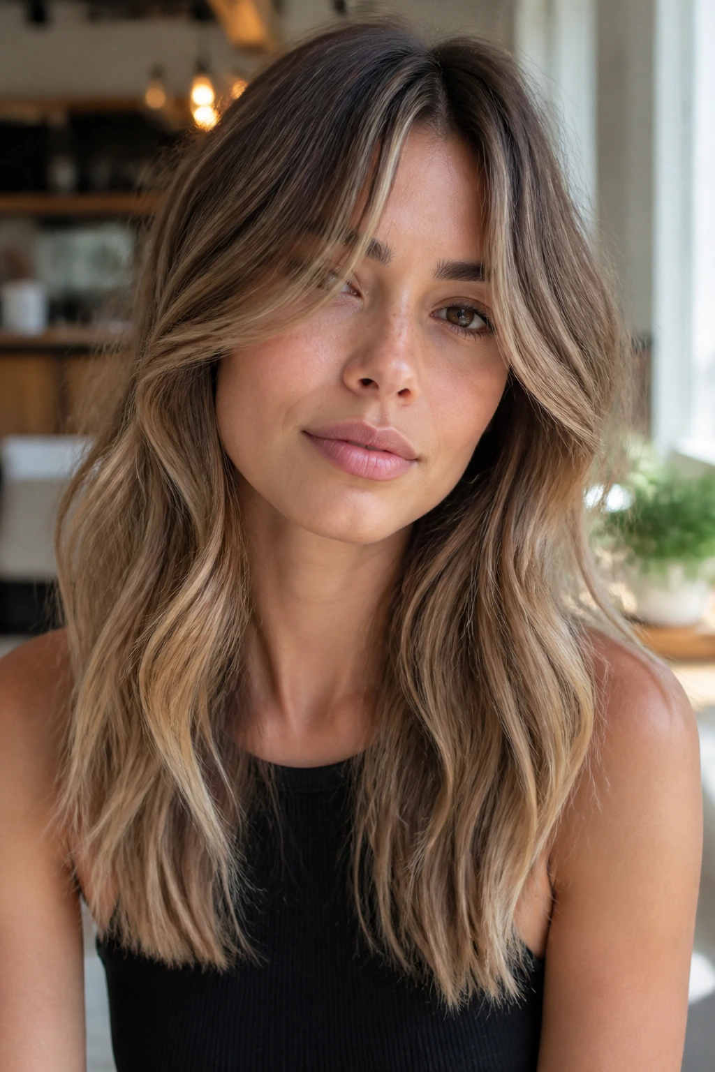 Real woman with beige-to-bronde melt and curtain fringe under soft window light