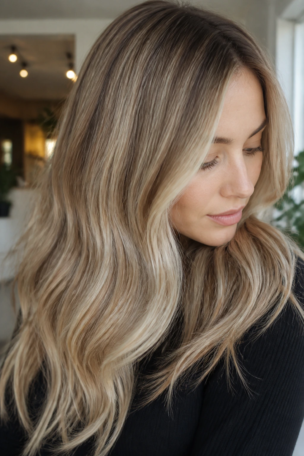 Portrait of a real woman with beige bronde melt color framing the face