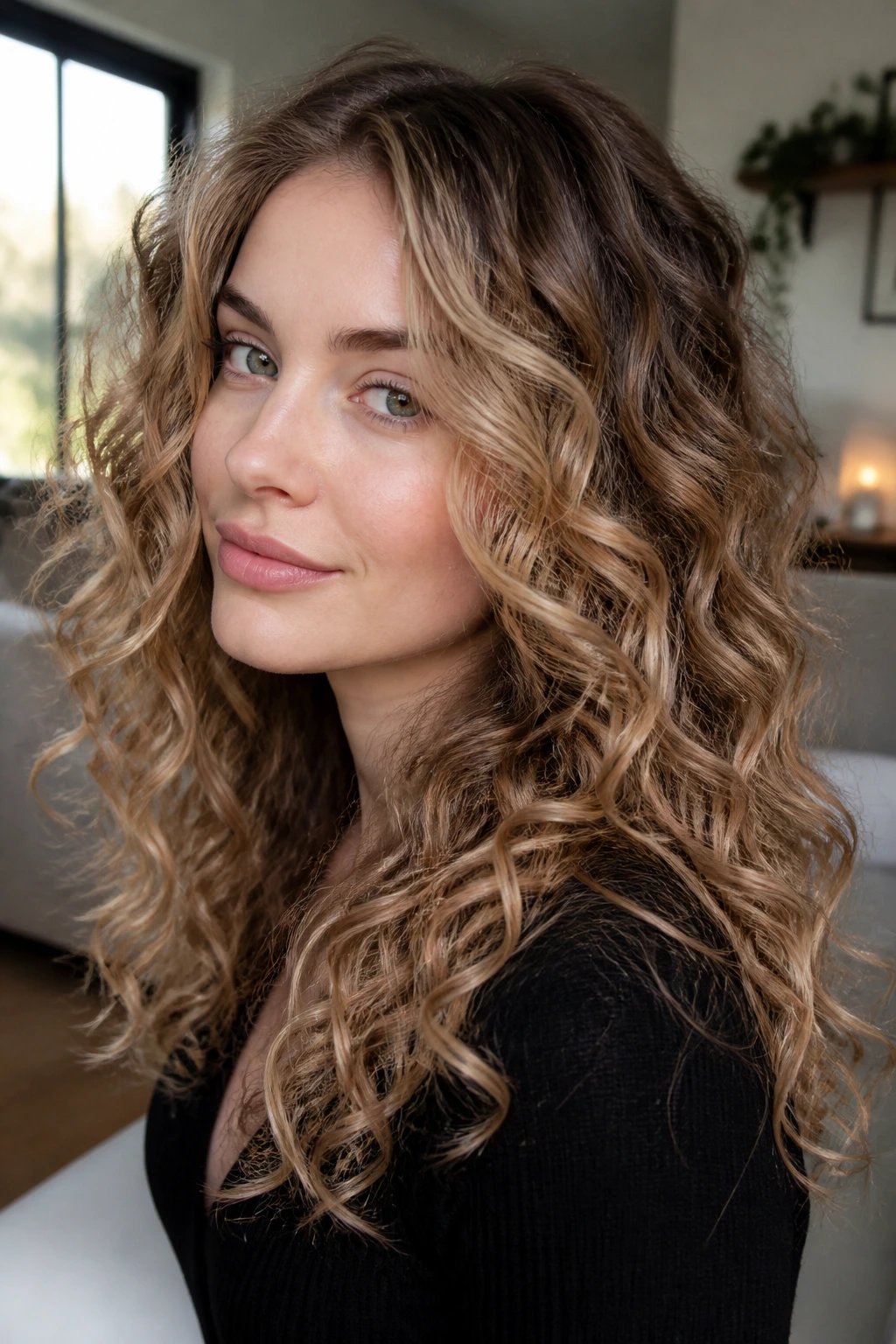 Close-up of a real woman with beige bronde melt around the face on pale skin
