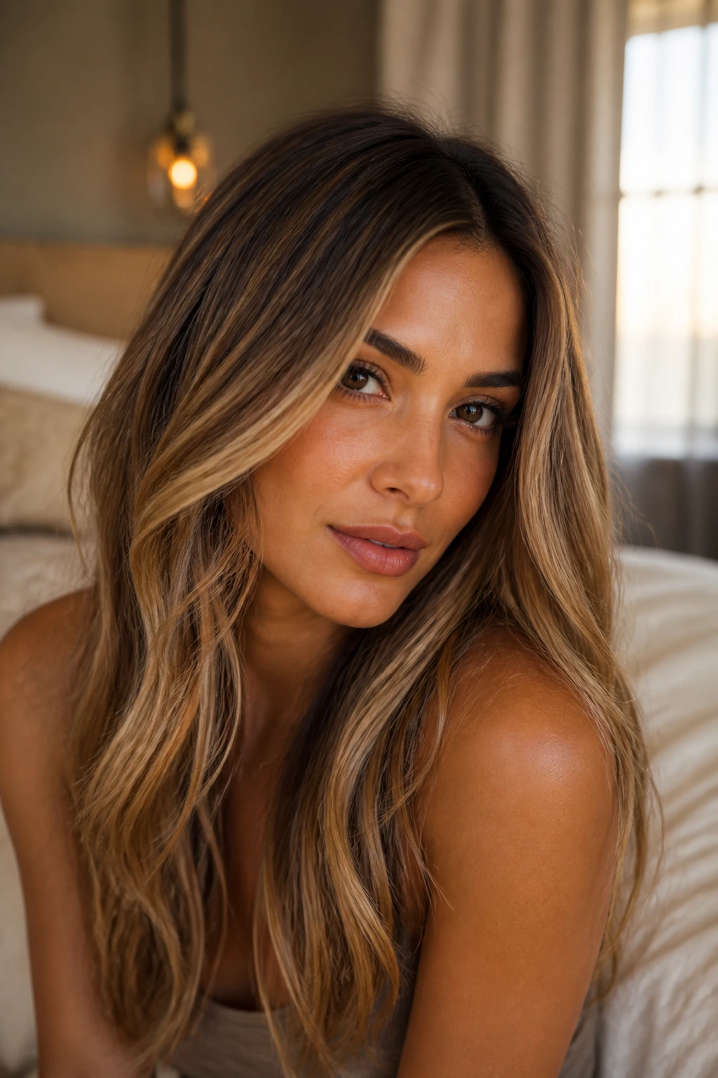 Close-up of a woman with beige bronde melt and soft root shadow