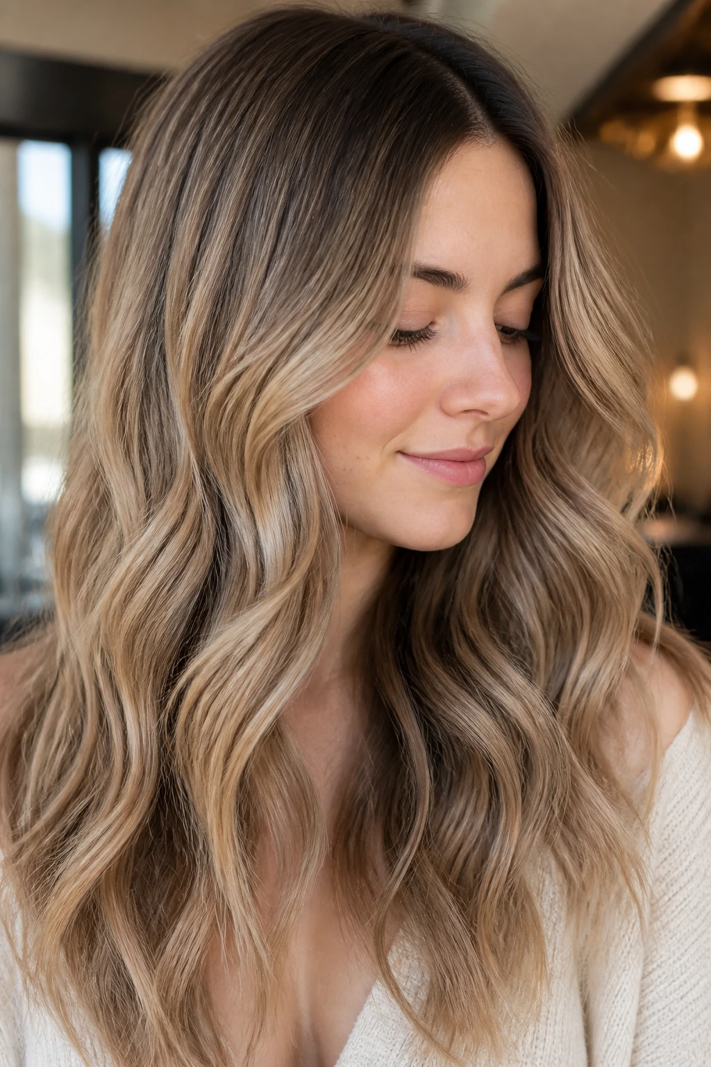 Close-up of beige bronde melt with beige caramel mids and ends.