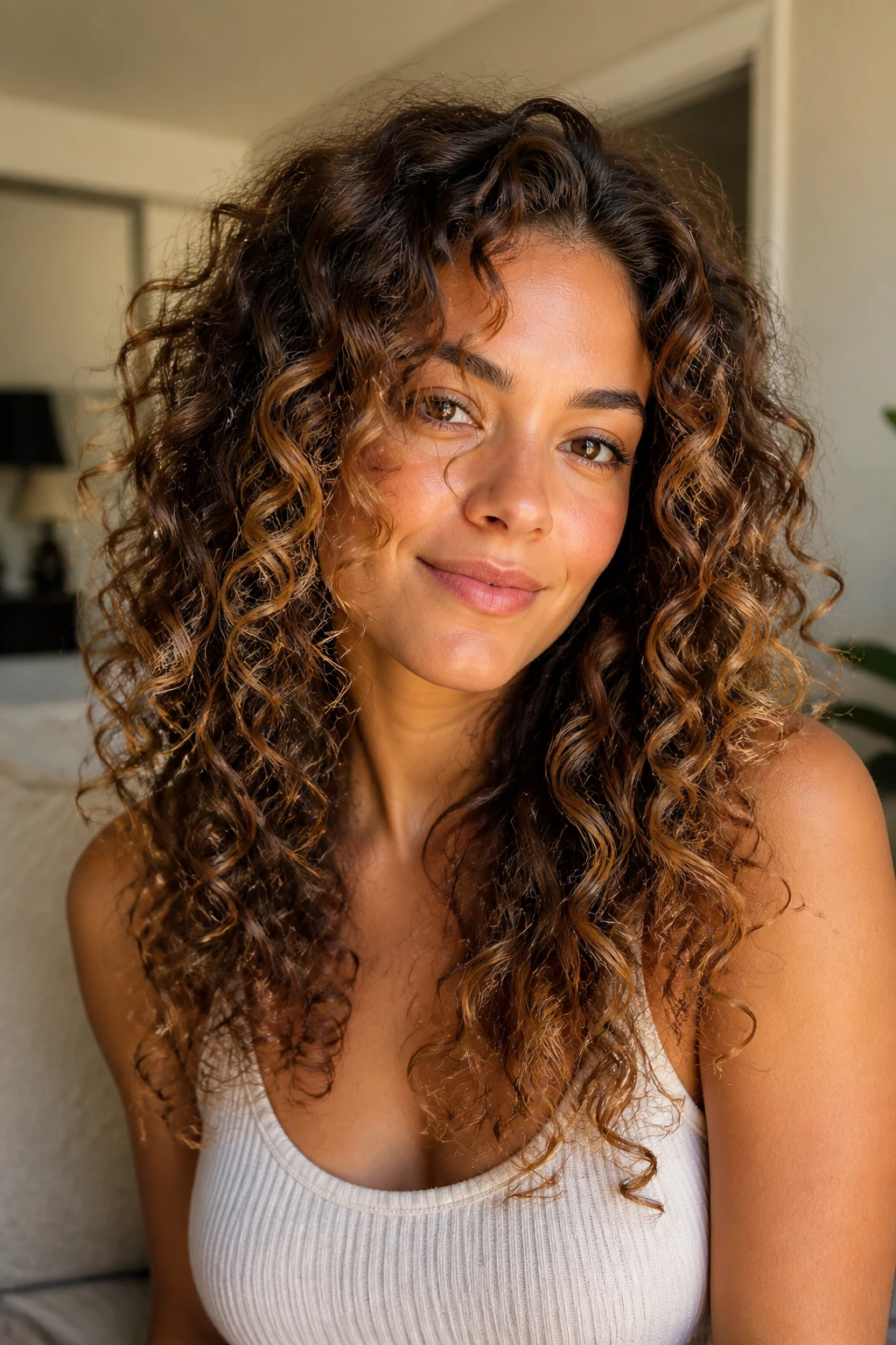 Close-up portrait of a woman with curly hair and beige bronze balayage on medium skin
