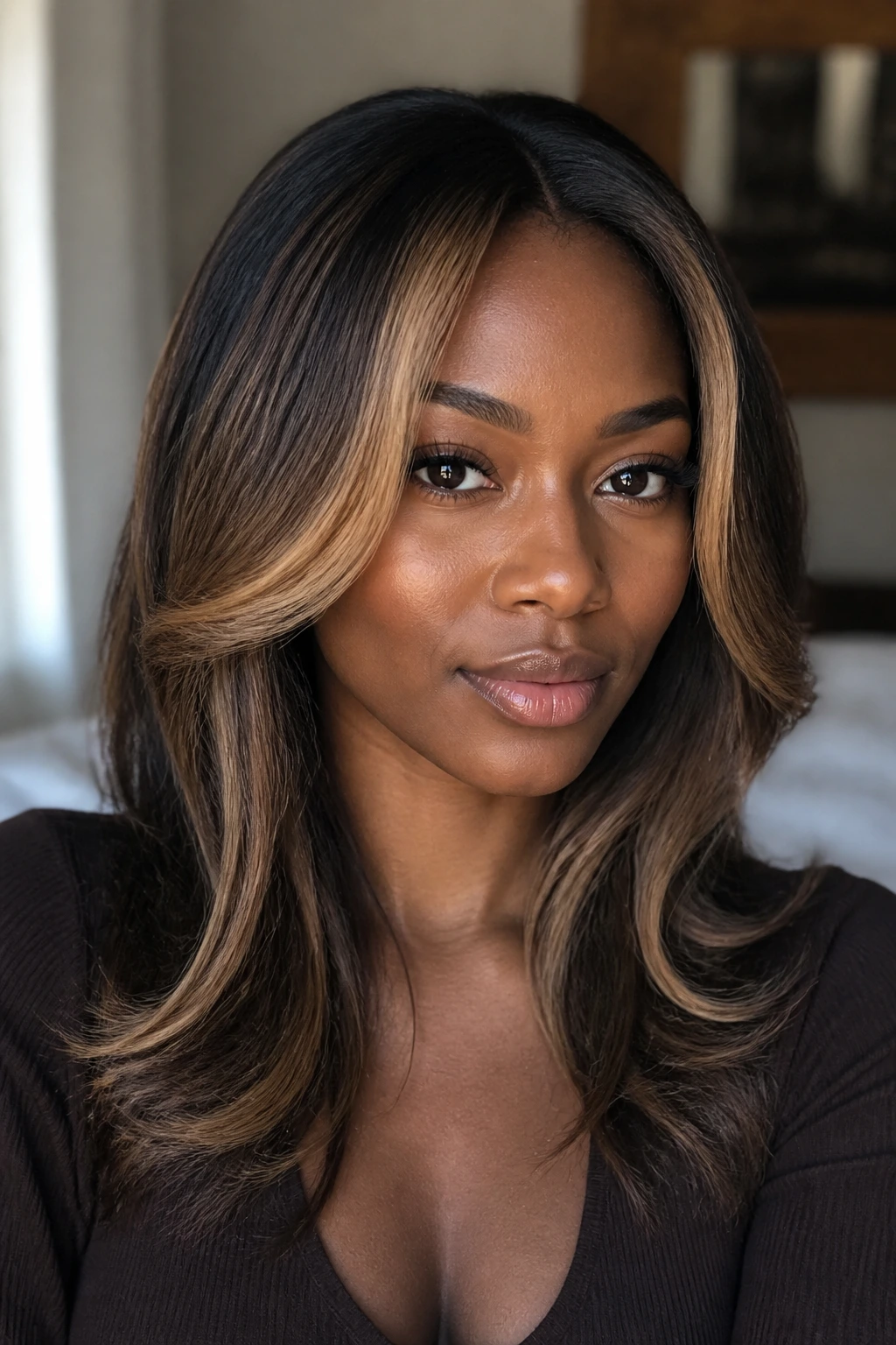Portrait of a real person with beige brown face-framing layers highlighting cheekbones