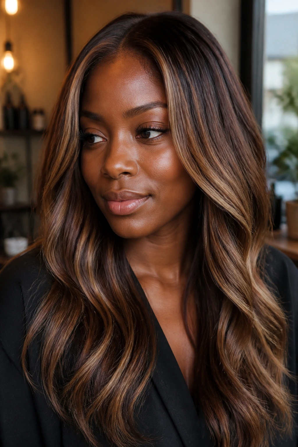 Close-up portrait of a real woman with glossed beige-brown balayage balancing warm and cool tones.