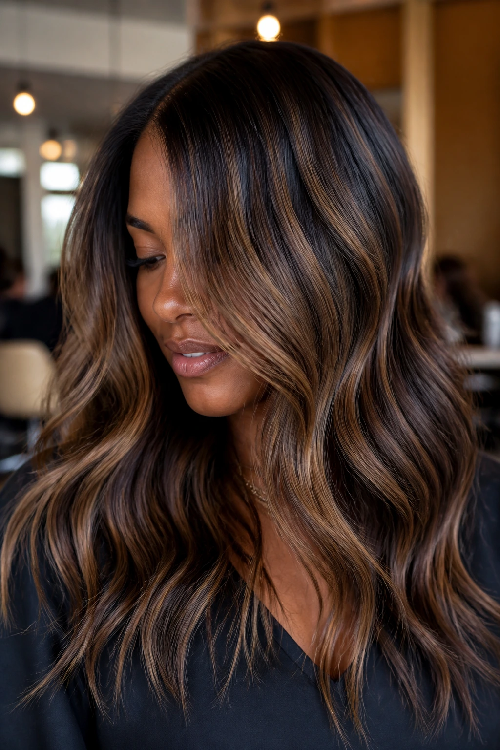 Portrait of a real woman with beige-brown balayage styled in loose waves showing ribbons.