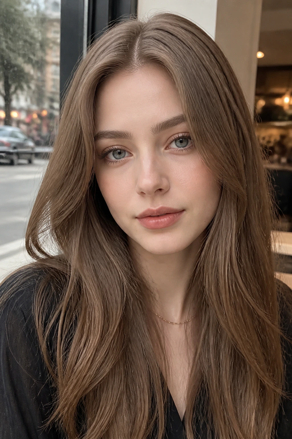 Close-up of a real woman with Beige Brown hair in a cafe daylight setting