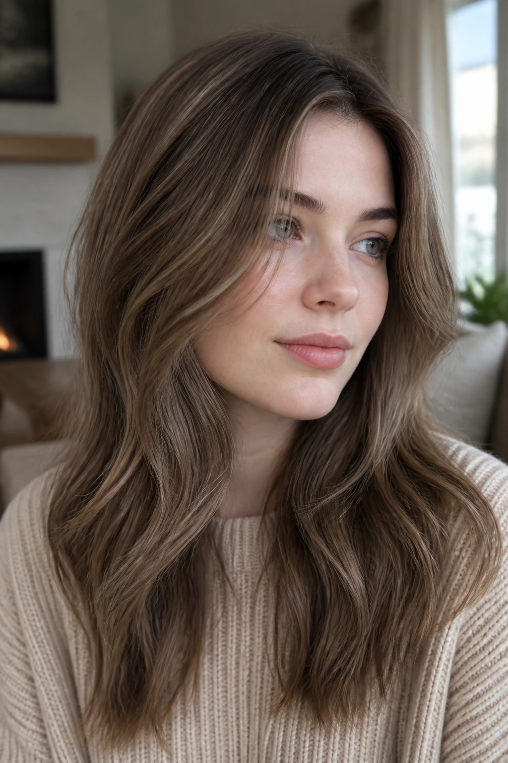 Close-up portrait showing beige brown dimension lowlights on fair skin