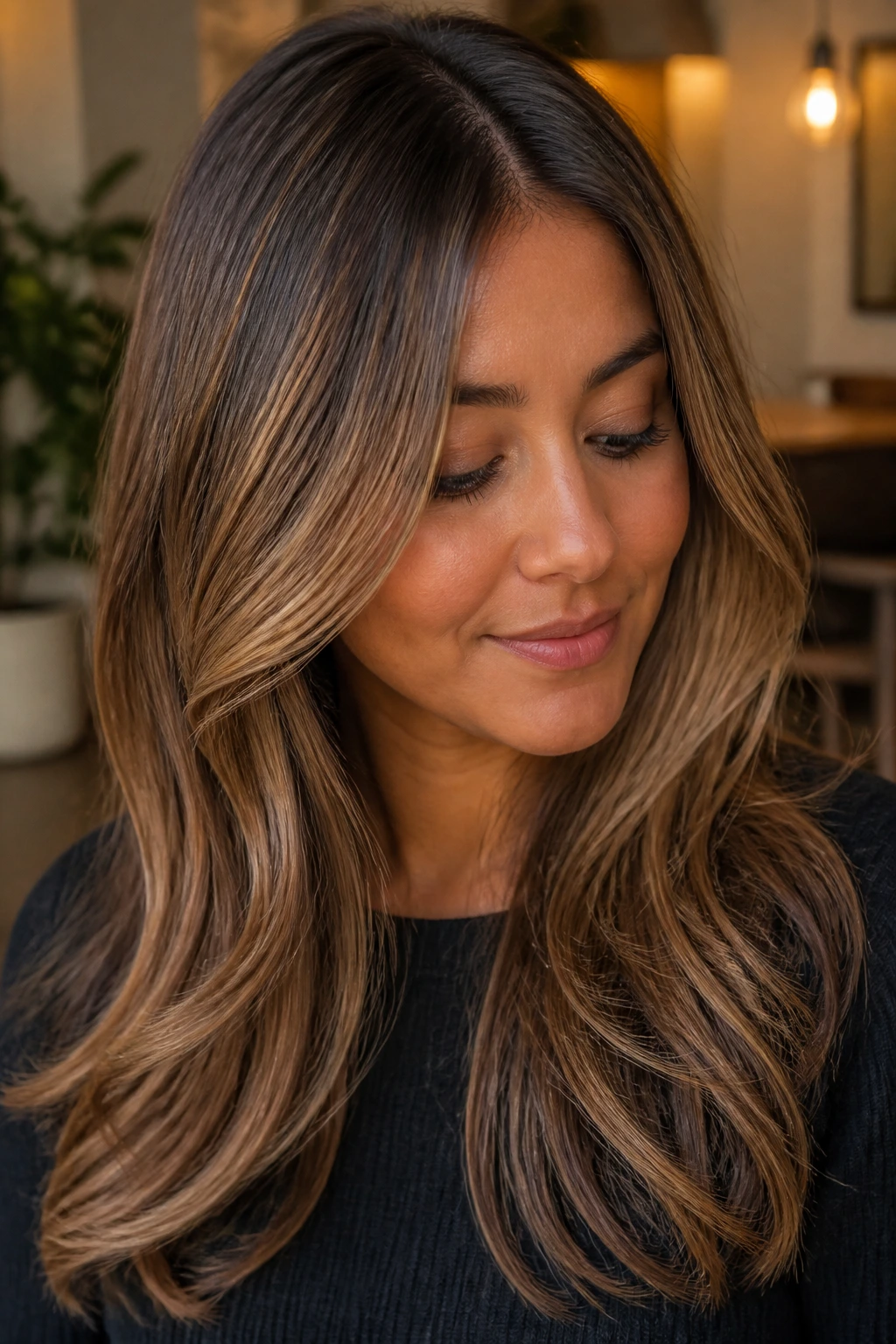 Portrait of a person with a beige-brown melt for a soft, seamless finish on fine hair.